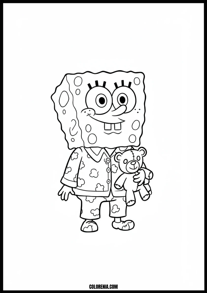 Cozy Spongebob in Pajamas with Teddy Bear Coloring Page