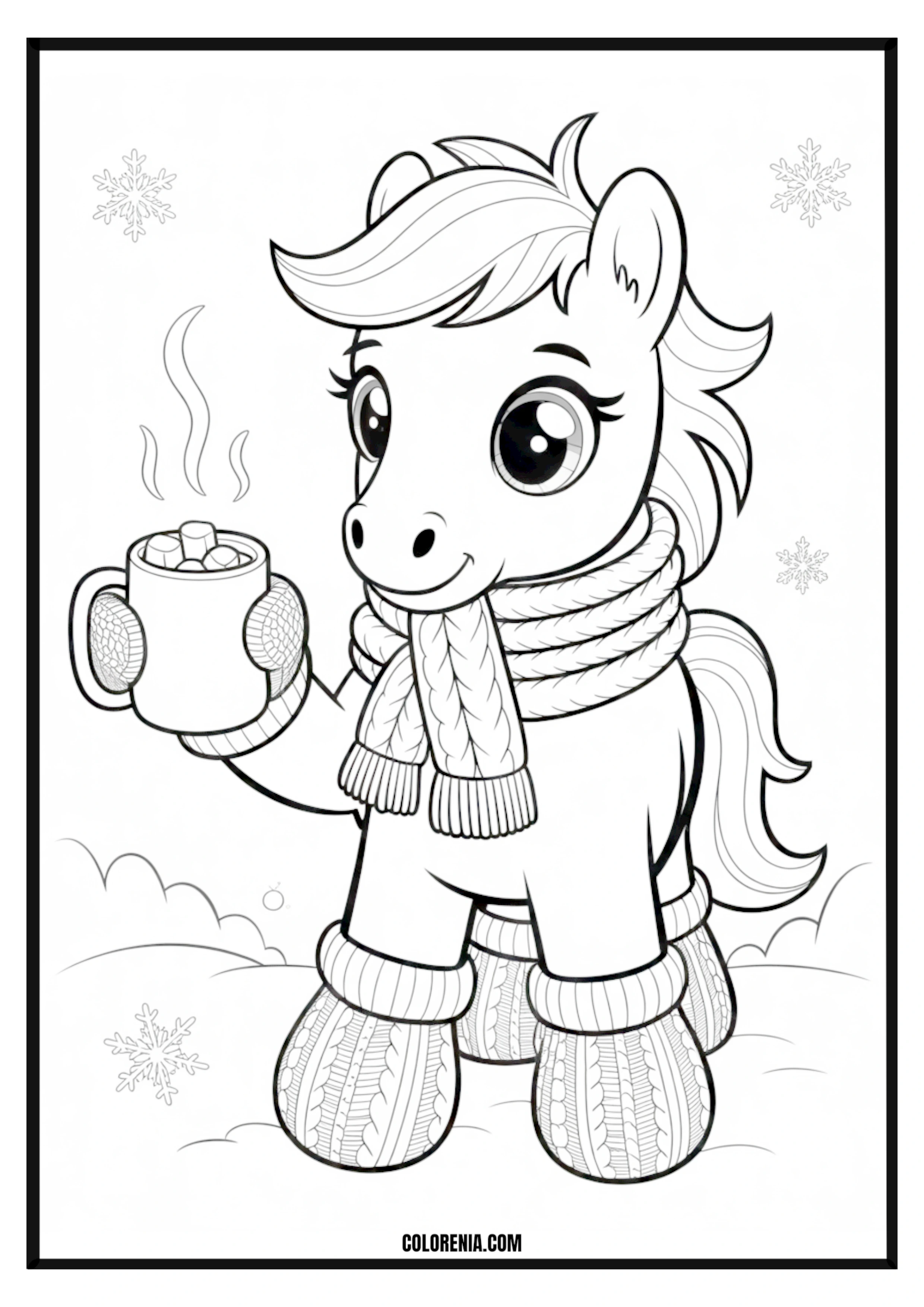 Cozy Pony Hot Chocolate Coloring Page Cozy pony enjoying hot chocolate with snowflakes coloring page.