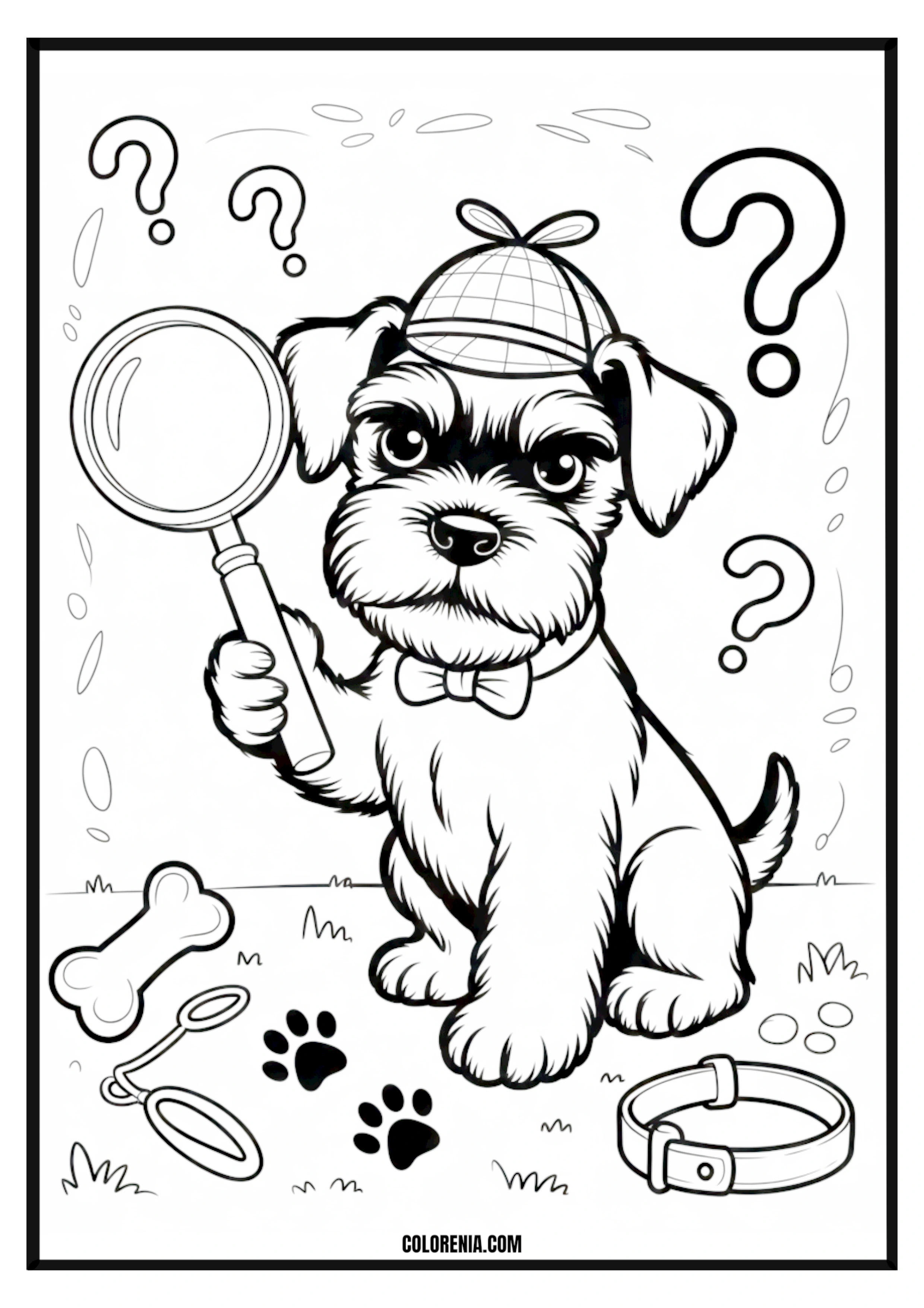 Printable Curious Puppy Detective on a Mystery Coloring Page Curious puppy detective wearing a deerstalker hat, solving a mystery.
