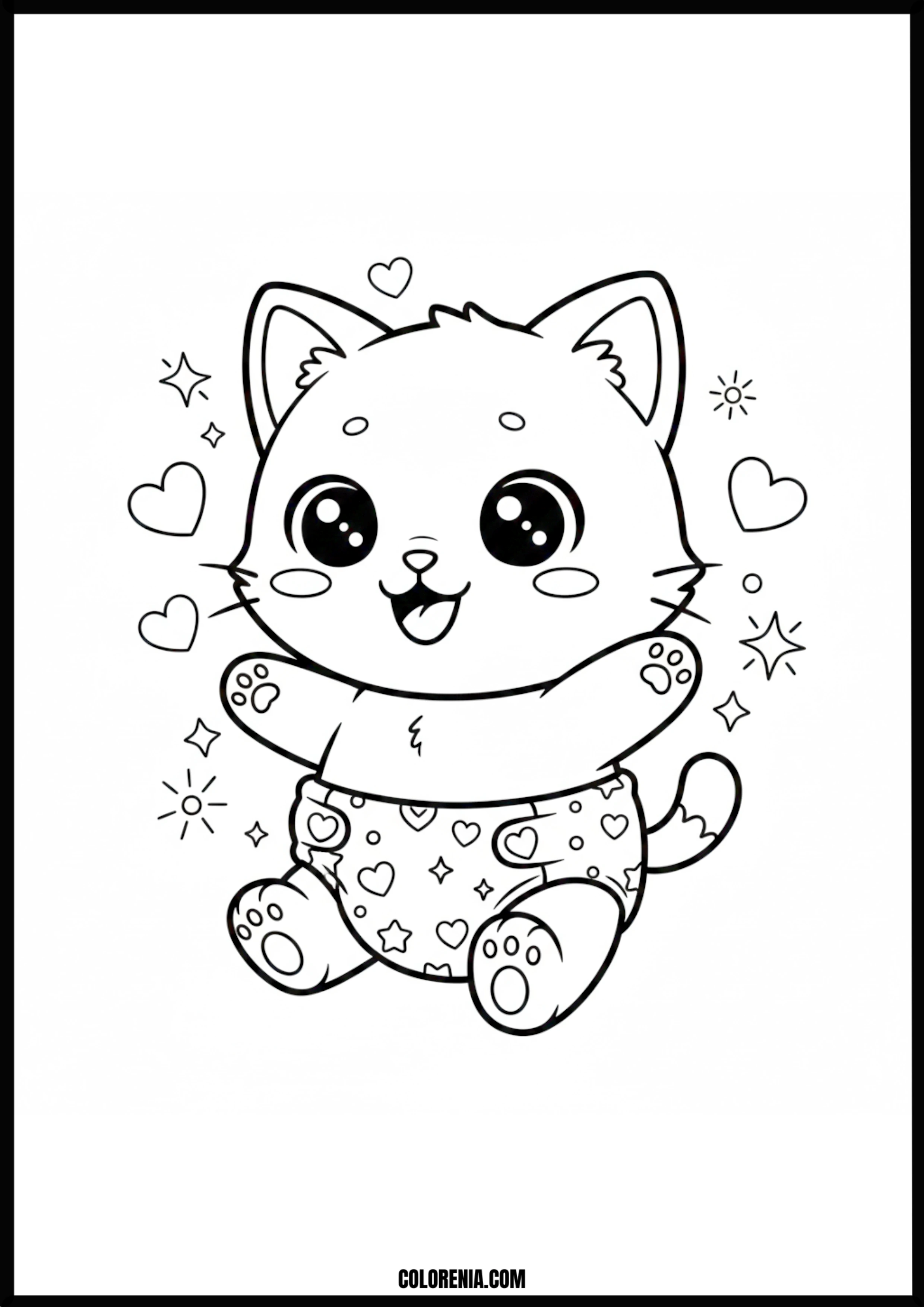 Cute Baby Kitten Diaper Hearts Coloring Page