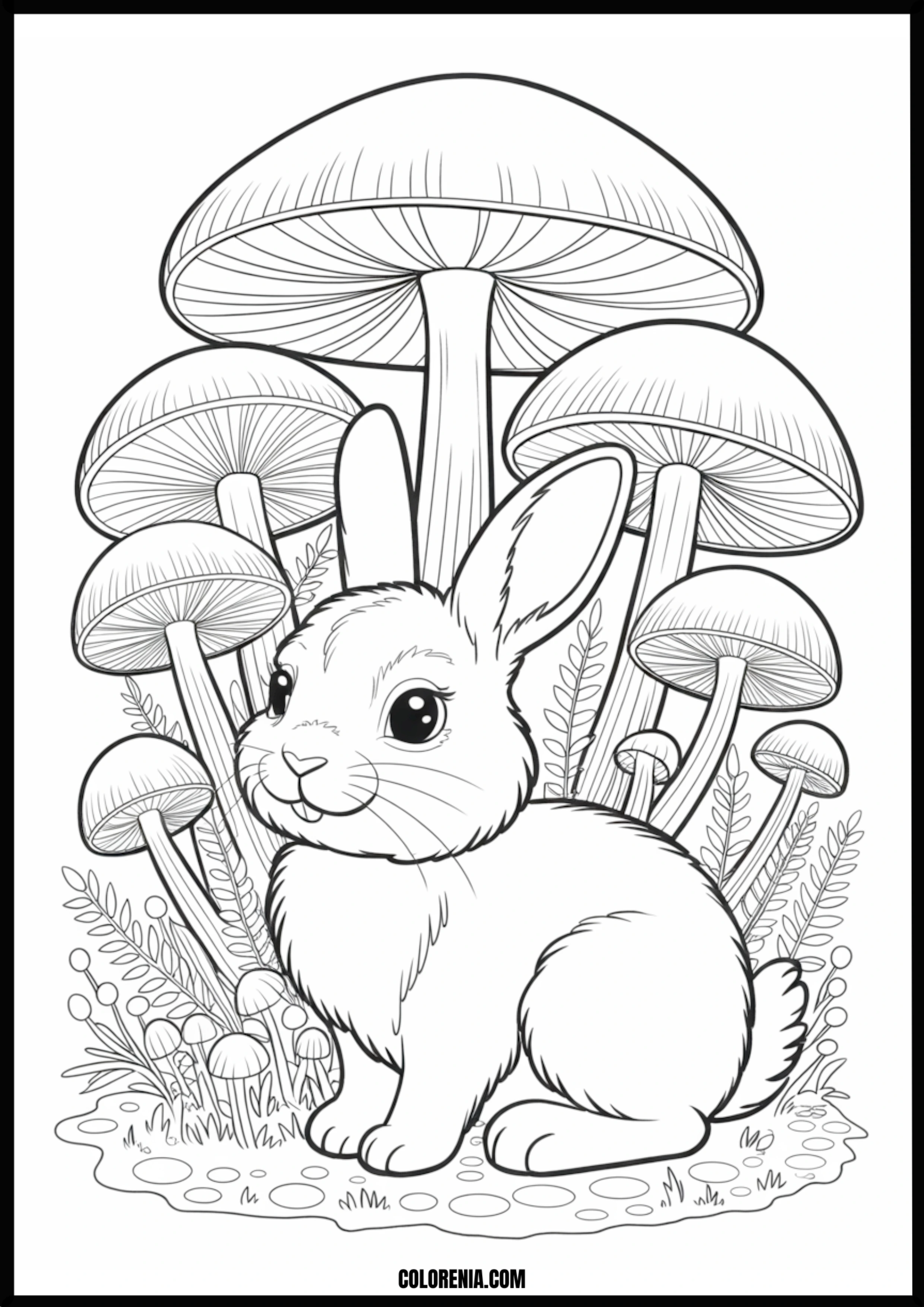 Cute Bunny Among Forest Mushrooms Printable Coloring Page Coloring page of cute bunny among forest mushrooms