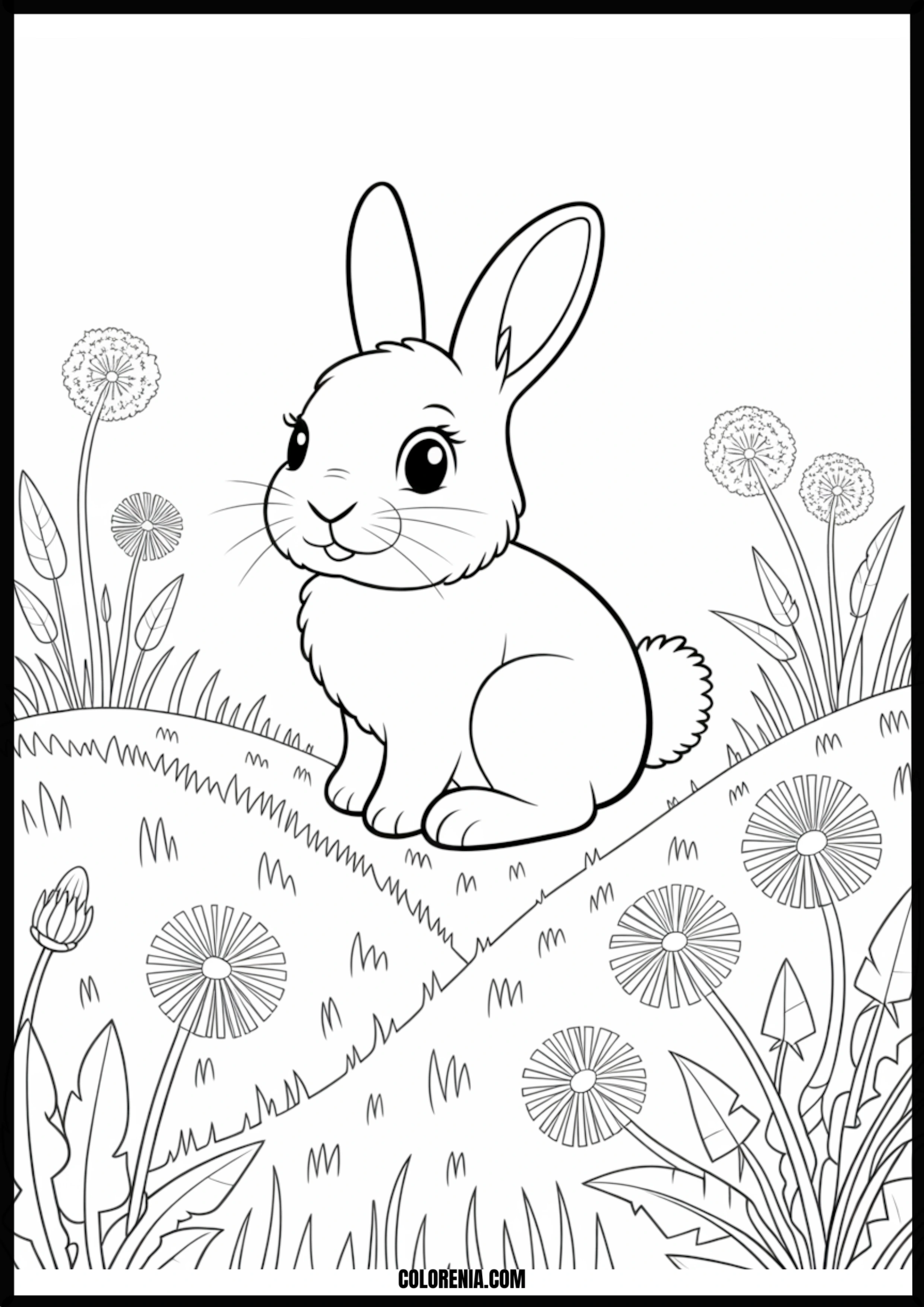 Cute Bunny Dandelion Field Printable Coloring Page Coloring page of cute bunny dandelion field