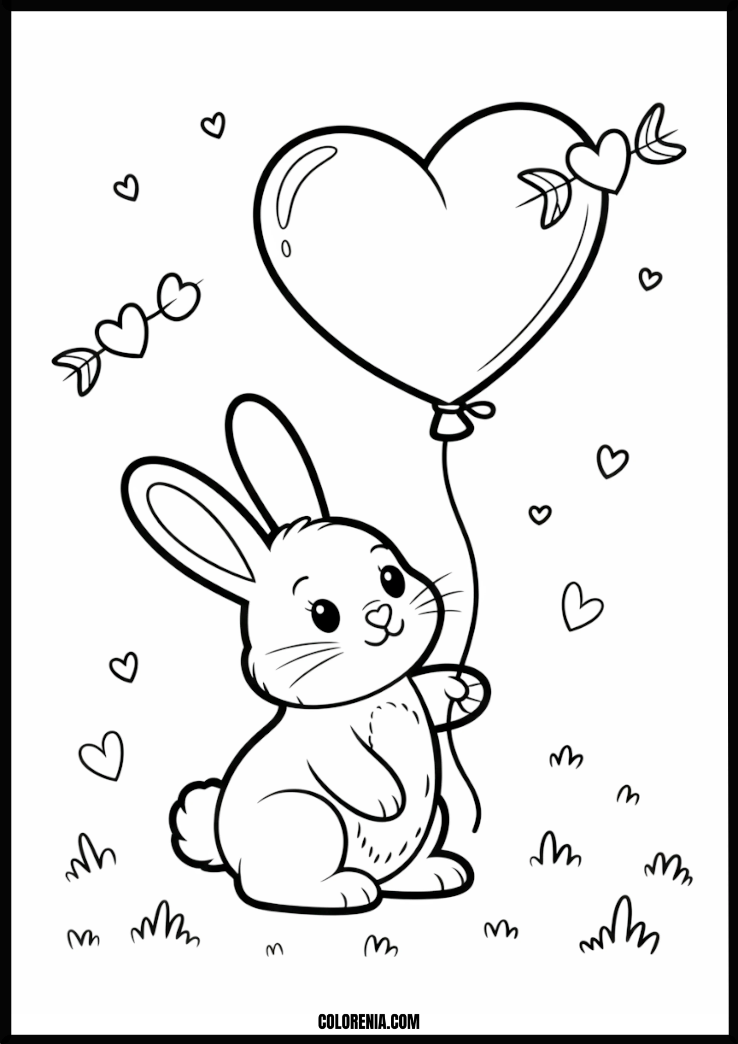 Cute Bunny Holding Heart Balloon Printable Coloring Page Coloring page of cute bunny holding heart balloon