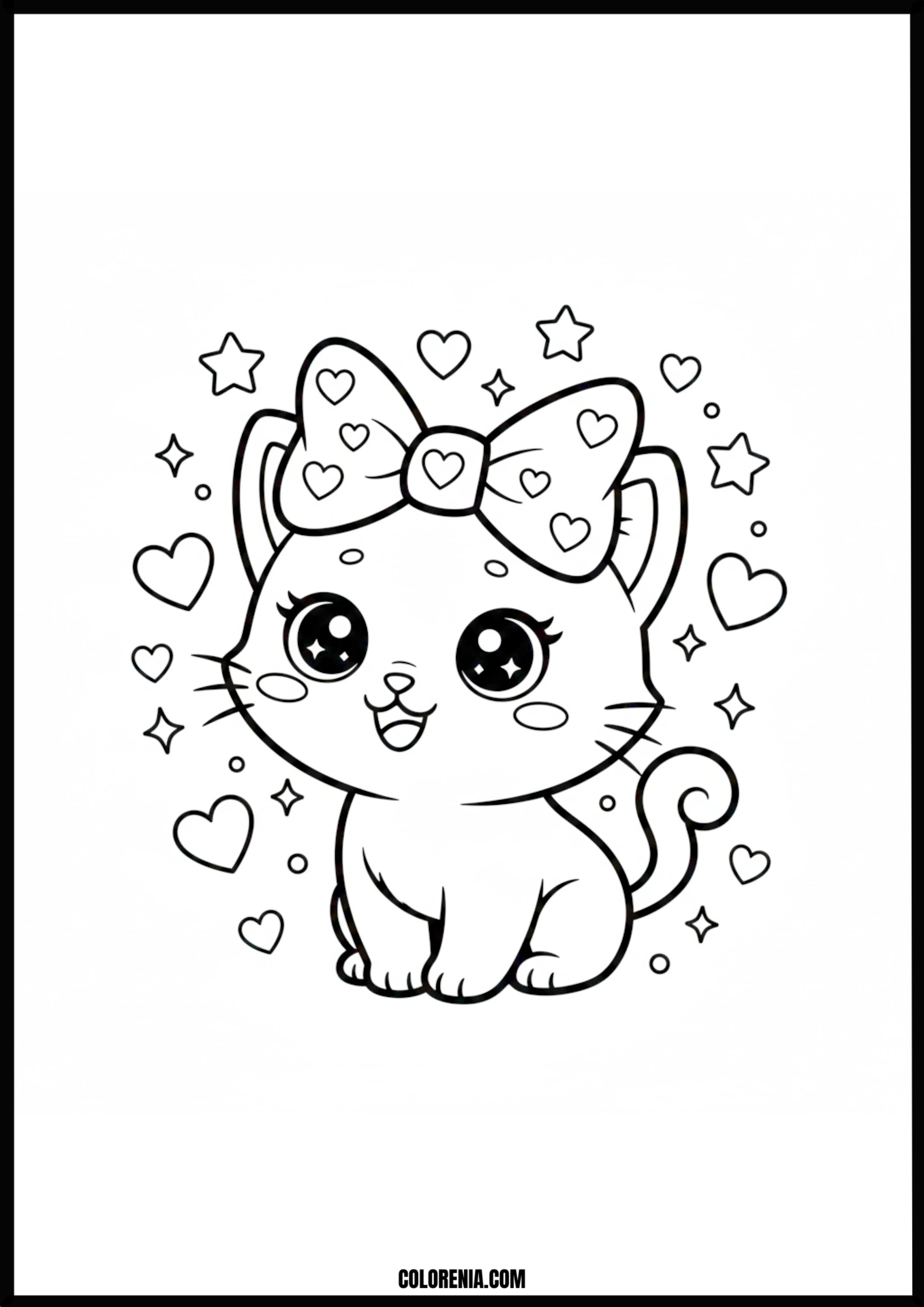 Cute Cat Bow Hearts Stars Coloring Page