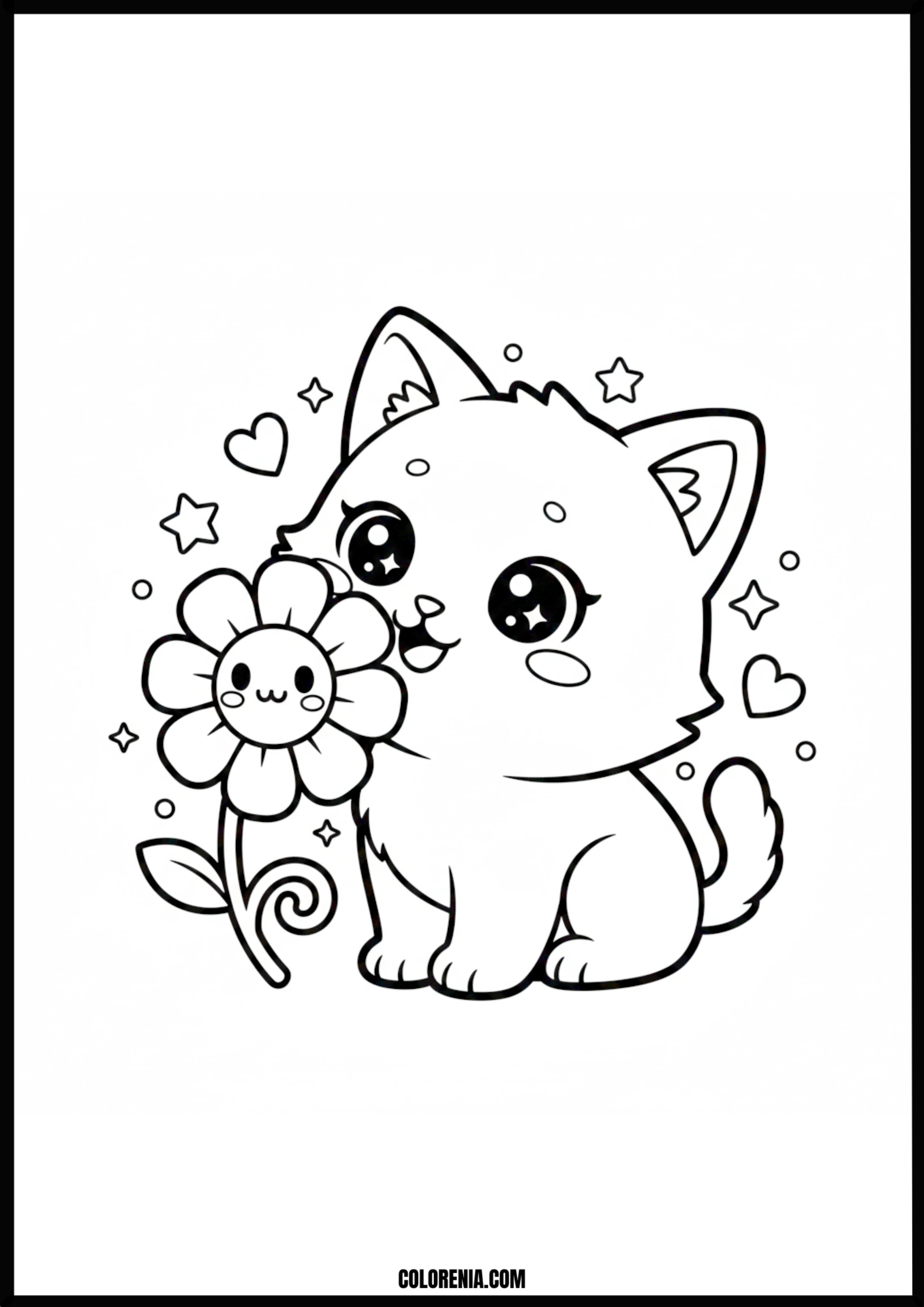 Cute Cat Holding Flower Coloring Page