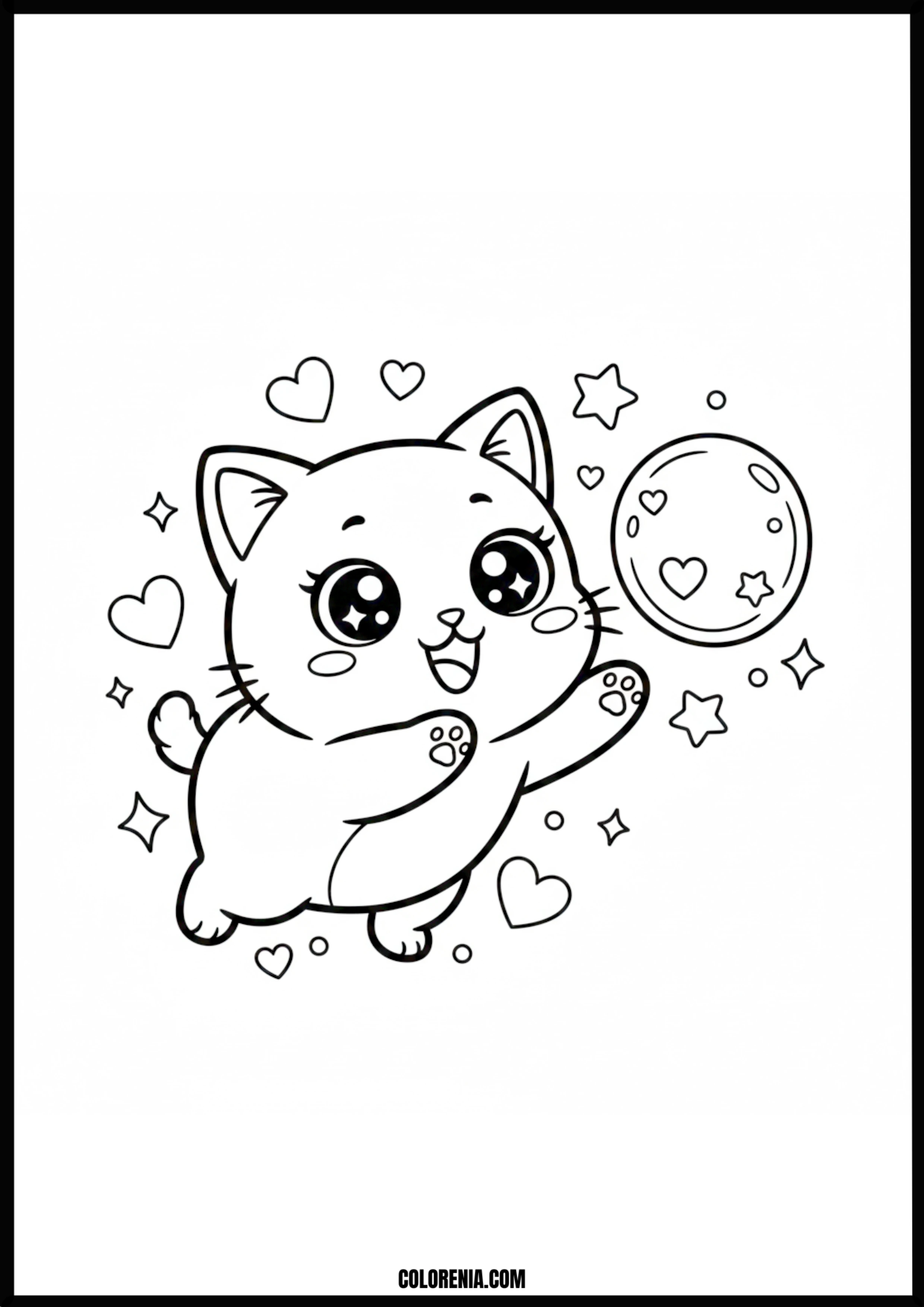 Cute Cat Playing With Moon And Stars Coloring Page