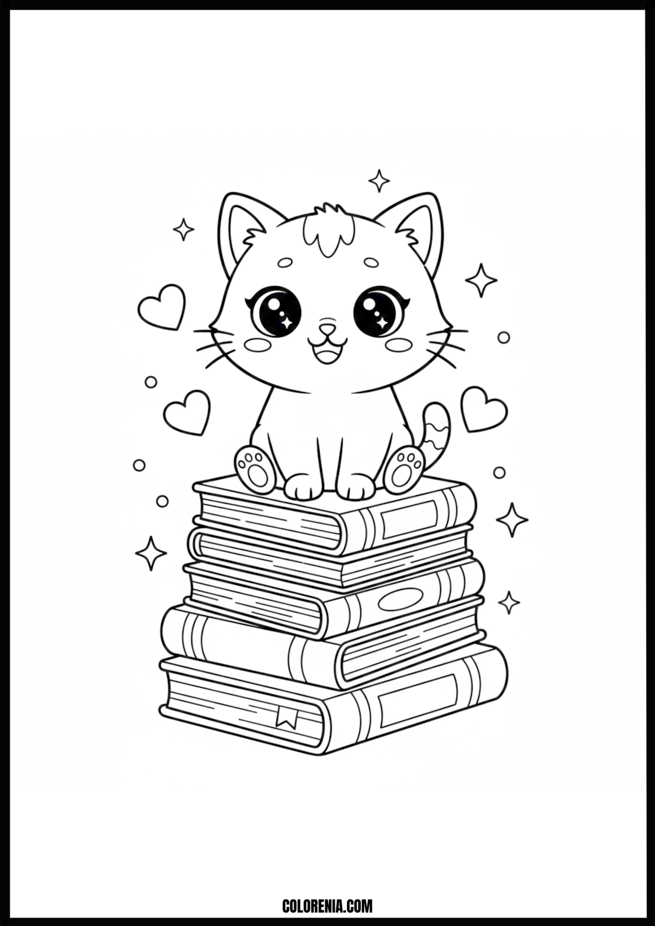 Cute Cat On Books With Hearts And Stars Coloring Page