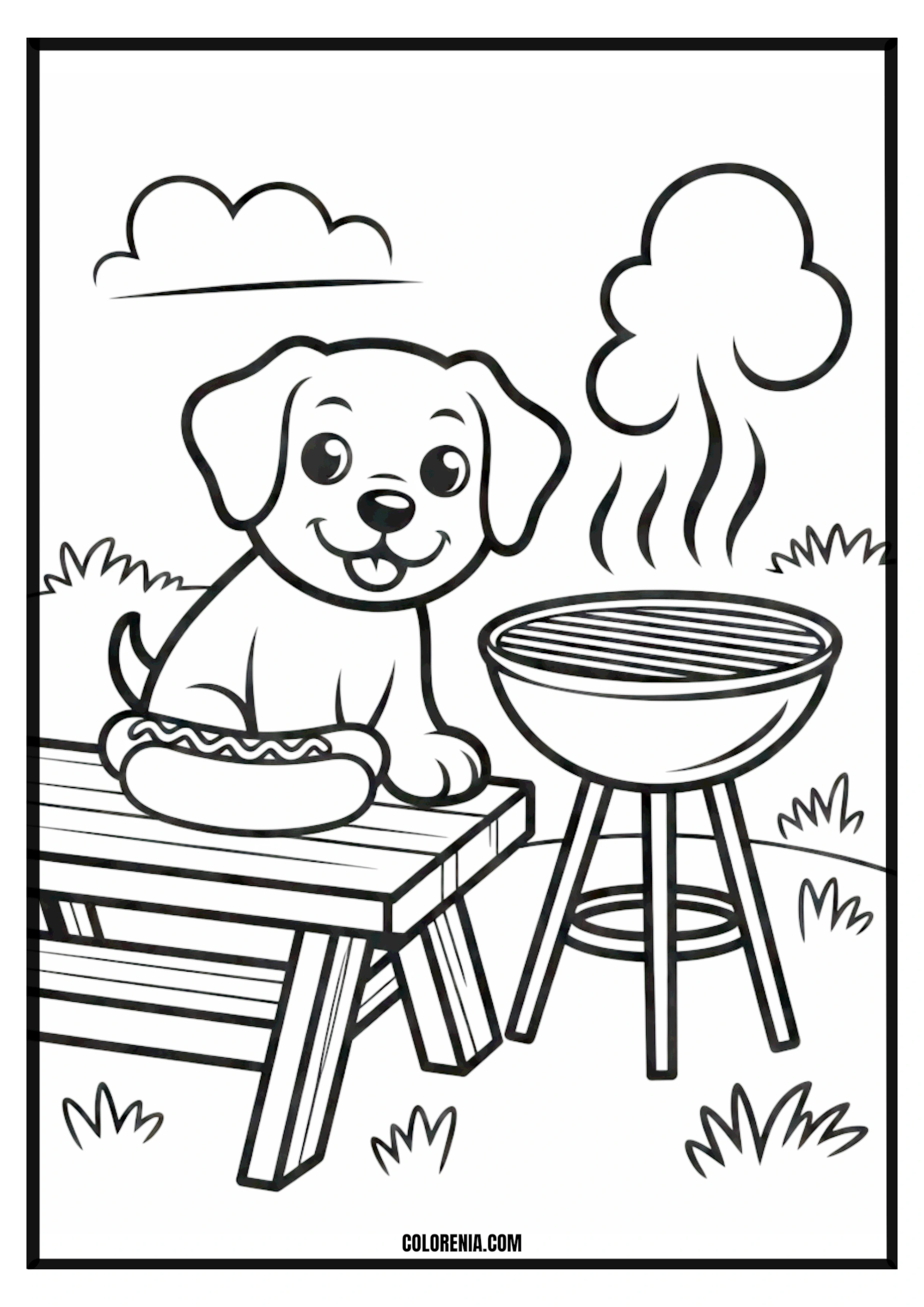 Printable Cute Dog and Hot Dog Grill Coloring Page Happy dog next to a grill with hot dogs, barbecue scene coloring page.