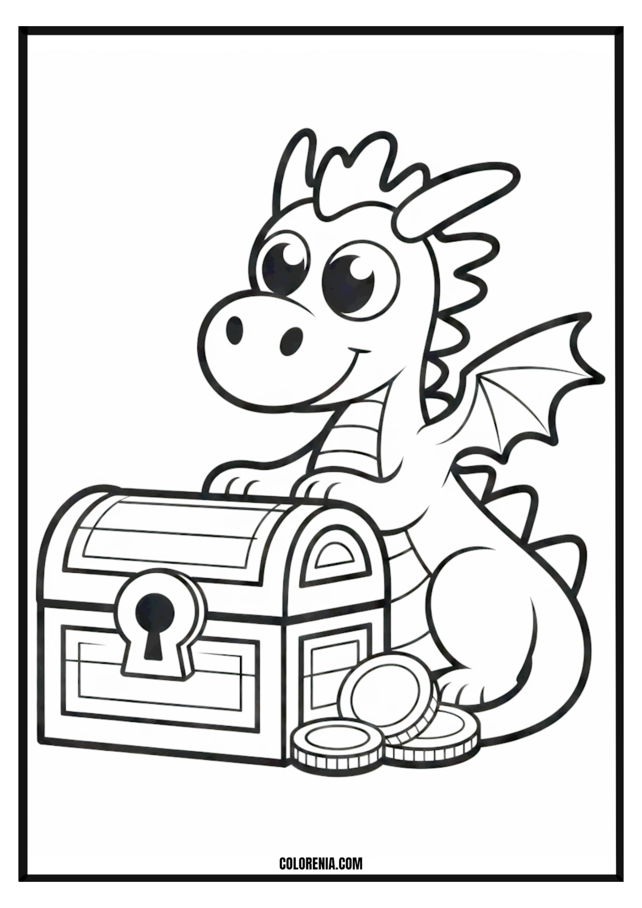 Cute Dragon Treasure Chest Coins Coloring Page