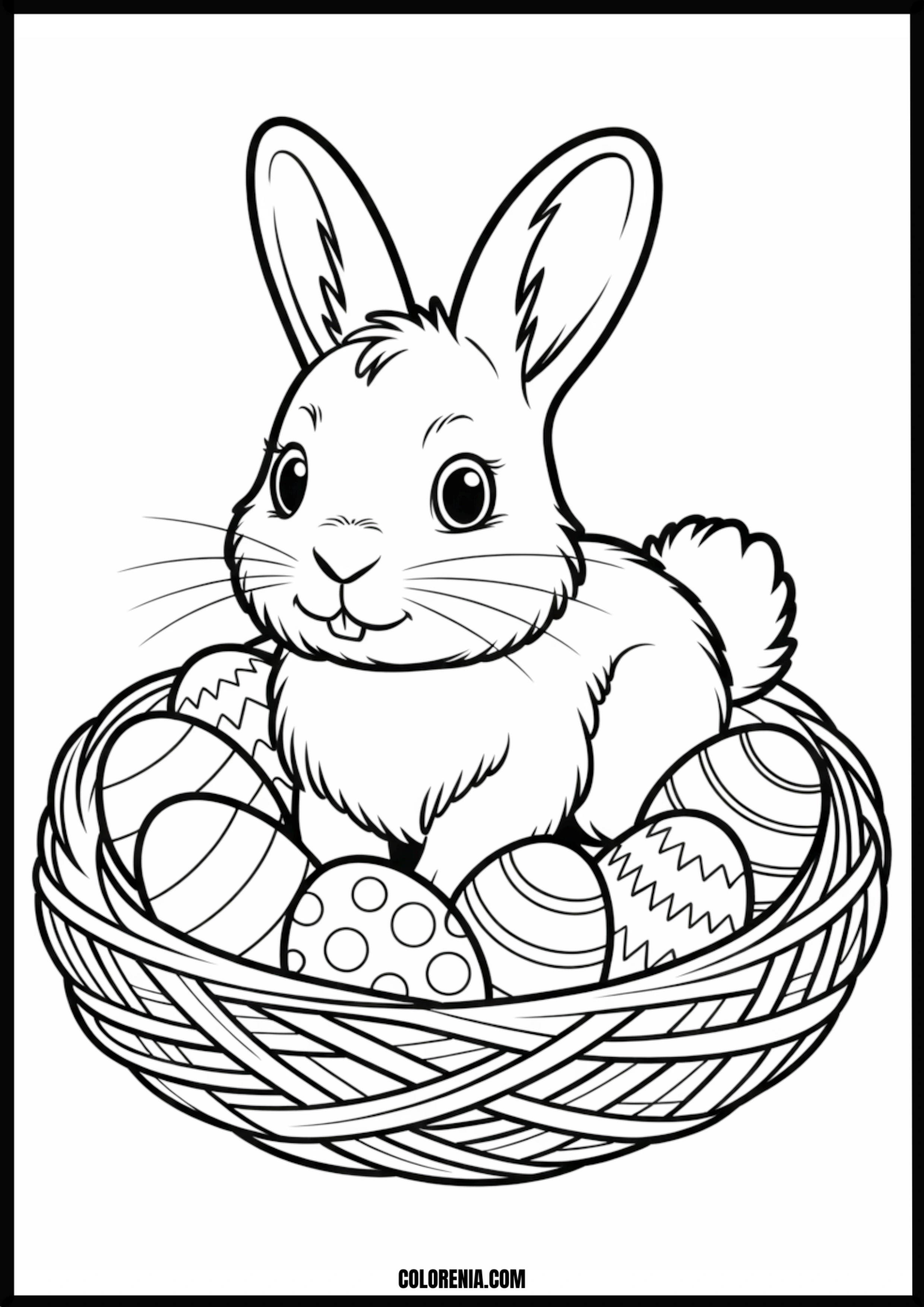 Cute Easter Bunny And Eggs In A Basket Printable Coloring Page Coloring page of cute easter bunny and eggs in a basket