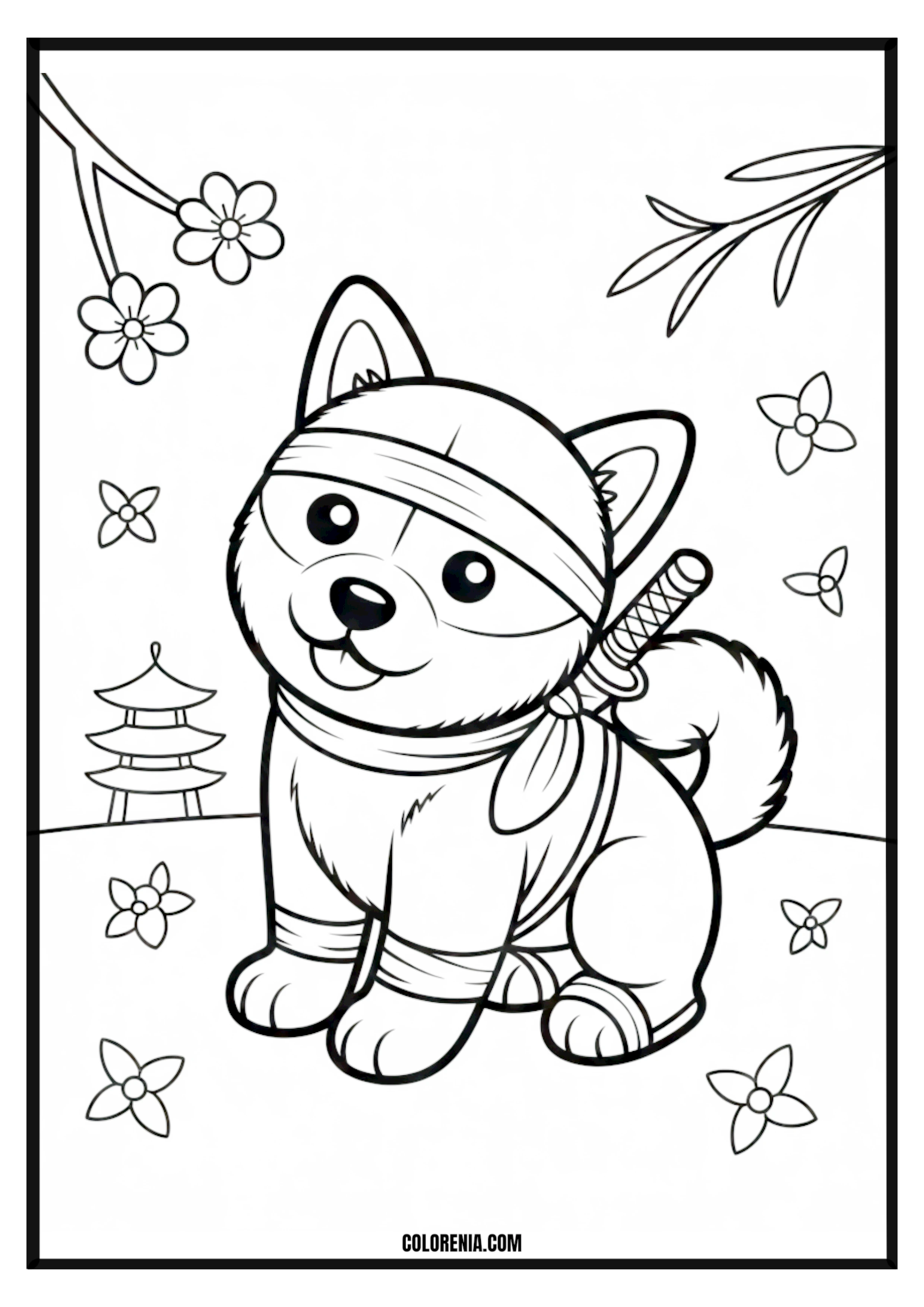 Printable Cute Japanese Ninja Puppy Coloring Page Cute Japanese ninja puppy, ready for action with a katana.