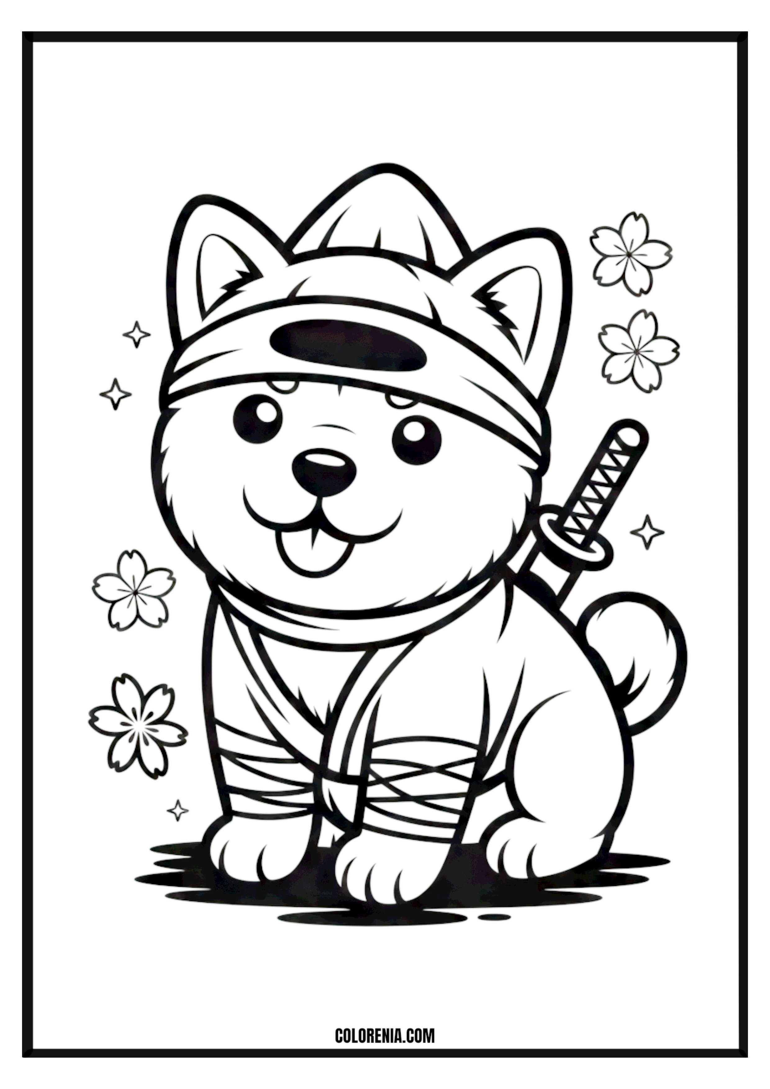 Printable Cute Ninja Dog Coloring Page Cute ninja dog in a dynamic pose, martial arts theme for coloring.