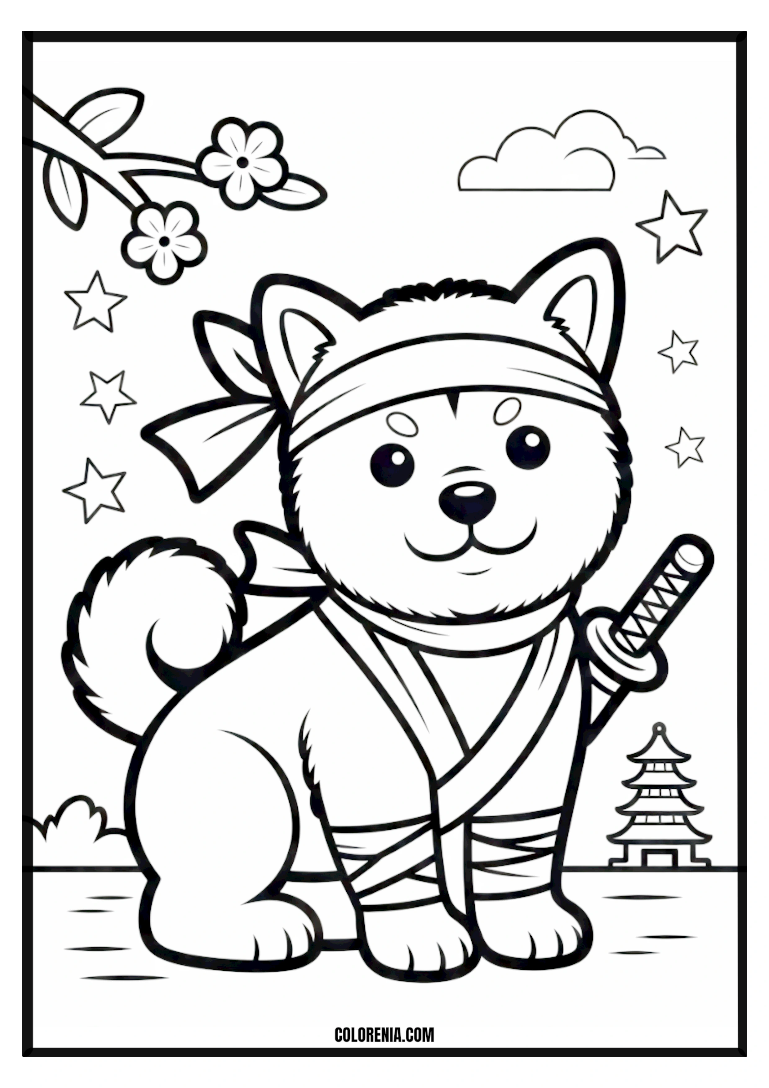 Printable Cute Ninja Dog with Katana and Pagoda Coloring Page Cute ninja dog with a katana in a Japanese garden with a pagoda.