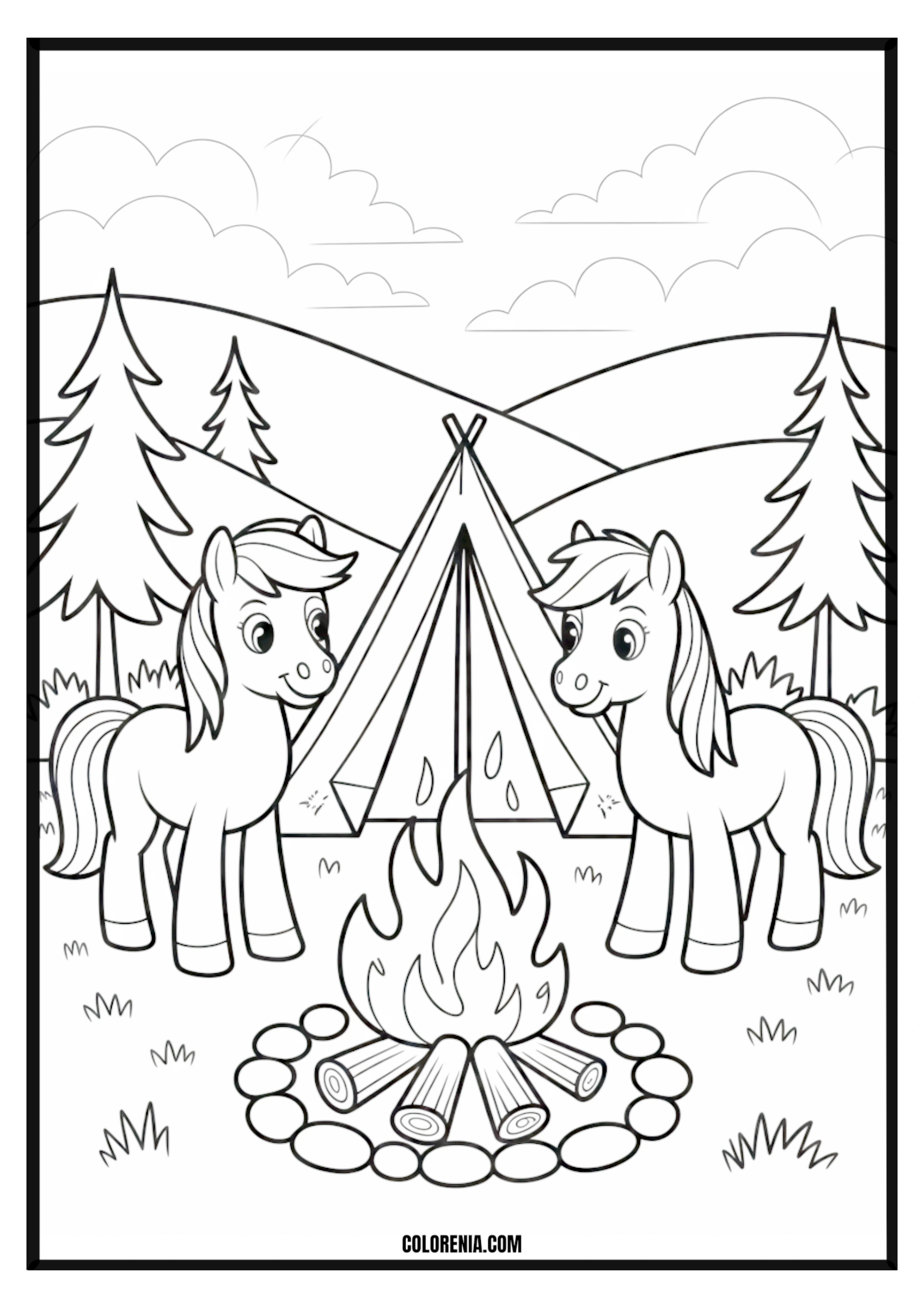Cute Ponies Camping by a Campfire Coloring Page Cute ponies camping by a campfire coloring page.