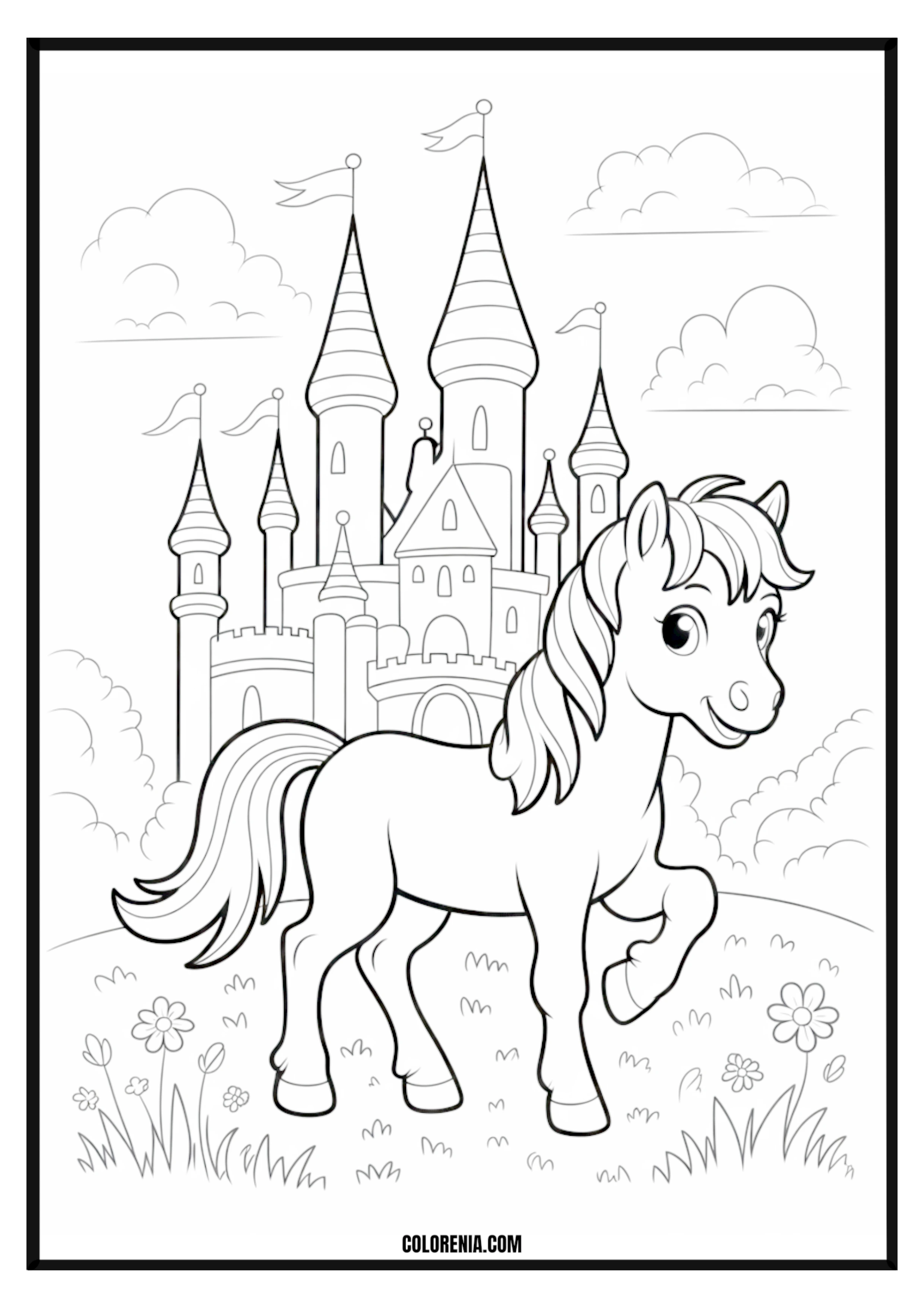 Cute Pony Castle Coloring Page Cute pony in front of a magical castle coloring page.