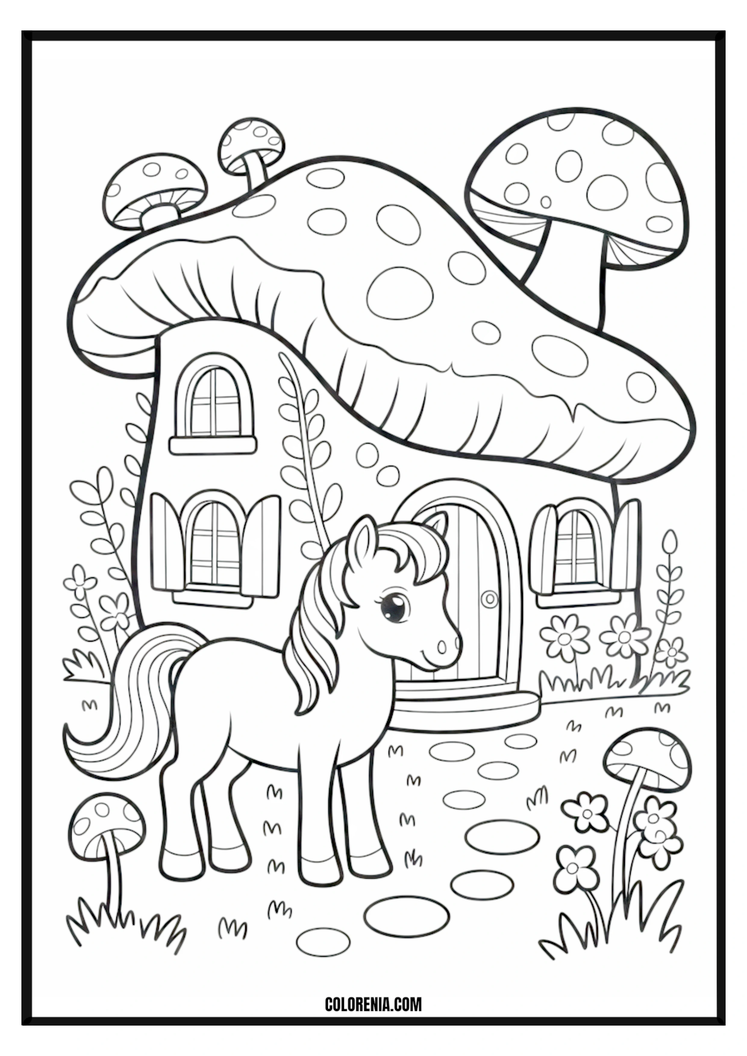 Cute Pony Mushroom House Coloring Page Cute pony next to a cozy mushroom house coloring page.