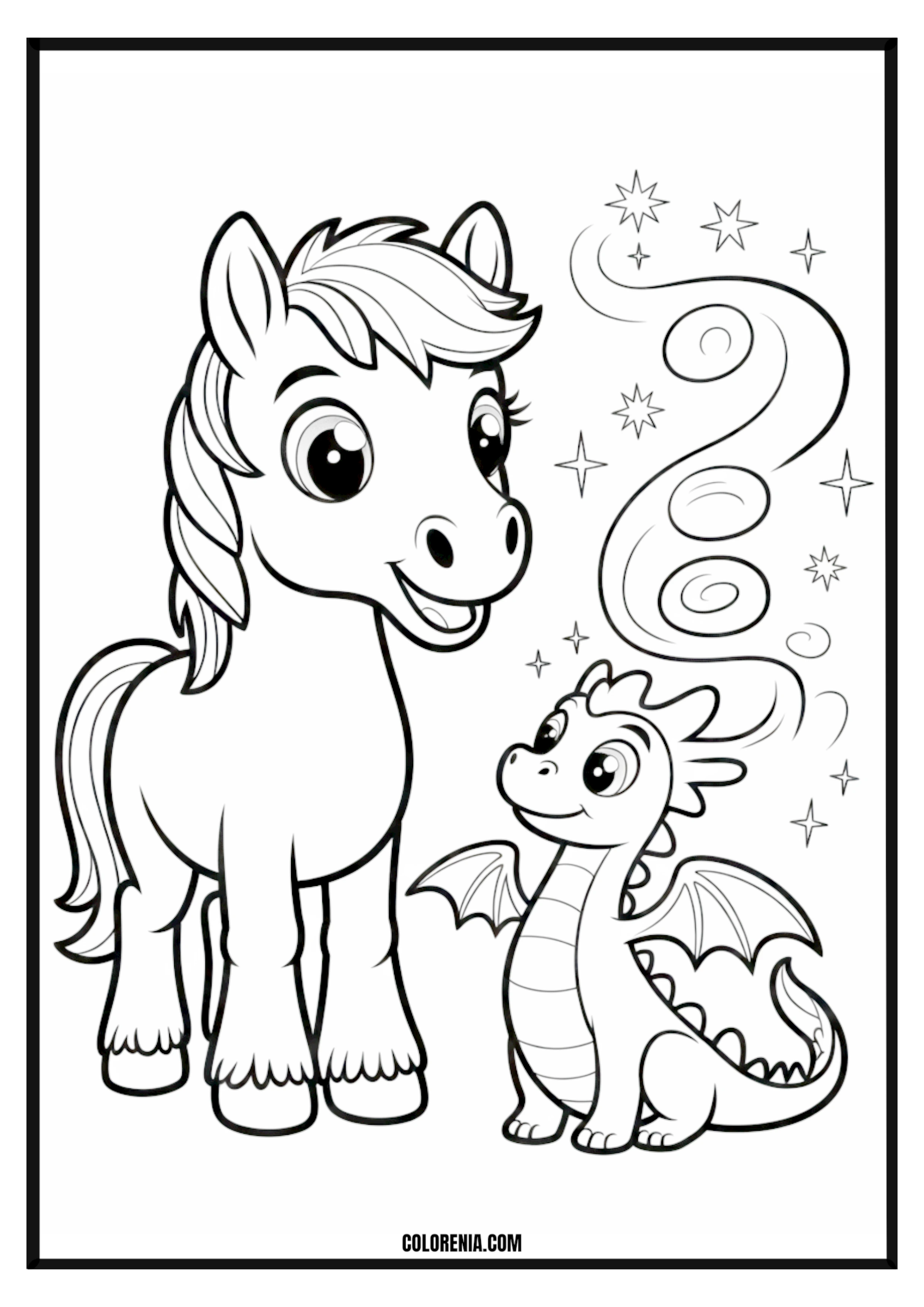Cute Pony and Dragon Fantasy Friends Coloring Page Cute pony and dragon as fantasy friends coloring page.