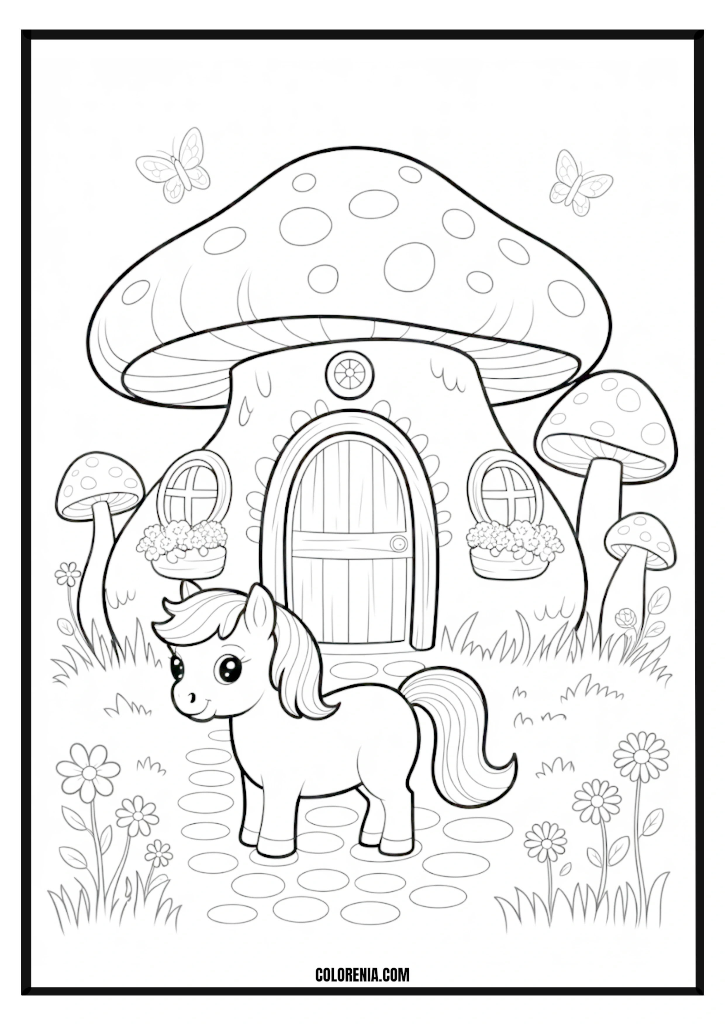 Cute Pony and Mushroom House Coloring Page Cute pony next to a whimsical mushroom house coloring page.