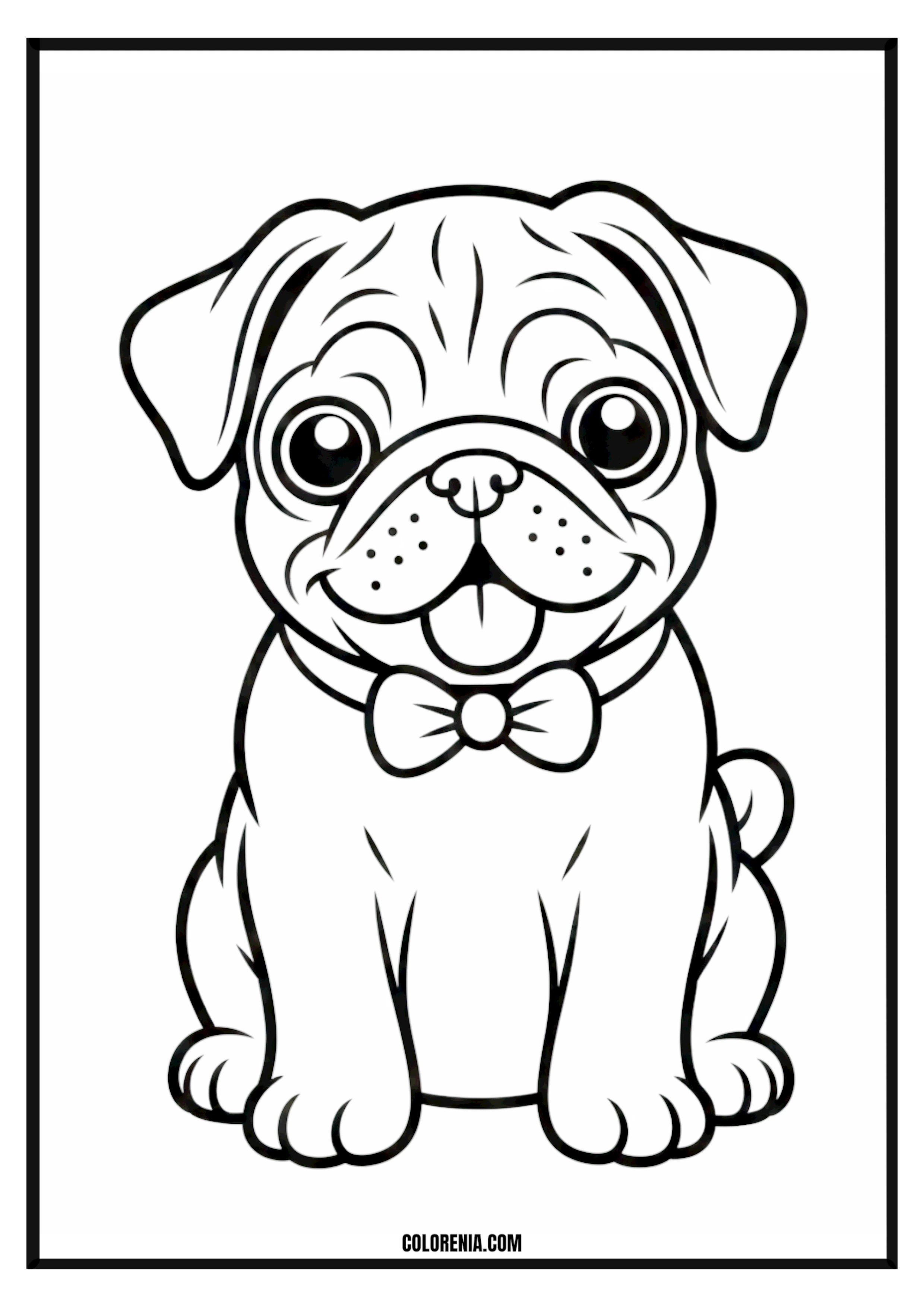 Printable Cute Pug with Bow Tie Coloring Page Cute pug wearing a stylish bow tie, dapper dog coloring page.