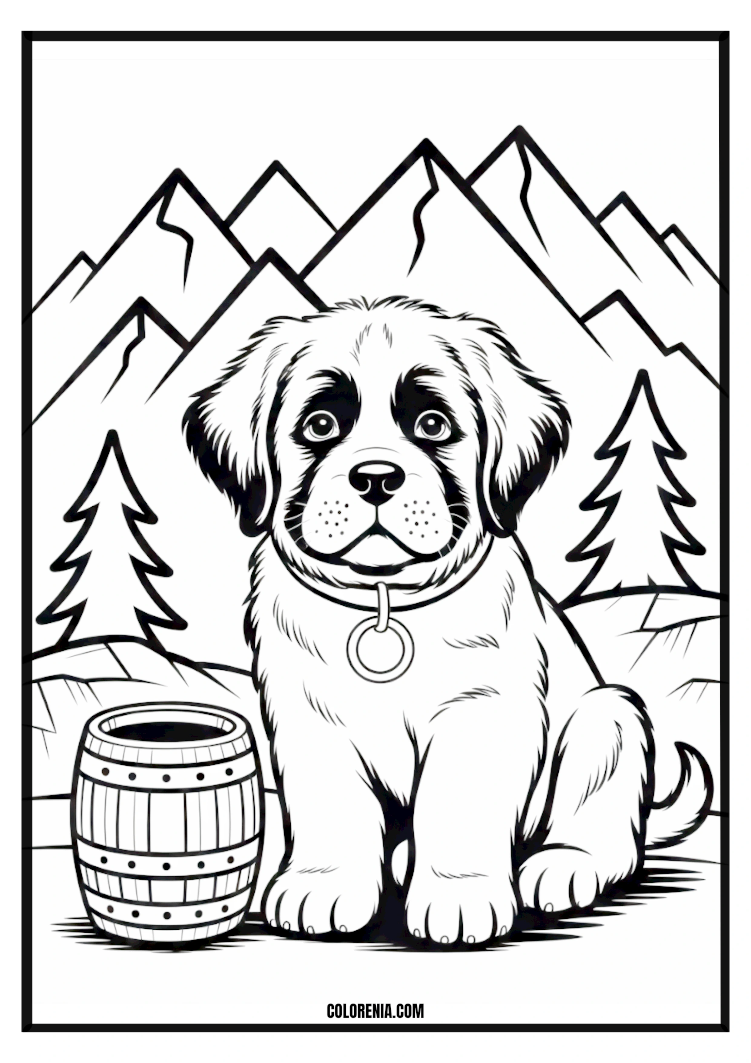 Printable Cute Puppy Barrel Mountains Coloring Page Cute puppy inside a barrel with mountains in the background, adventure theme.