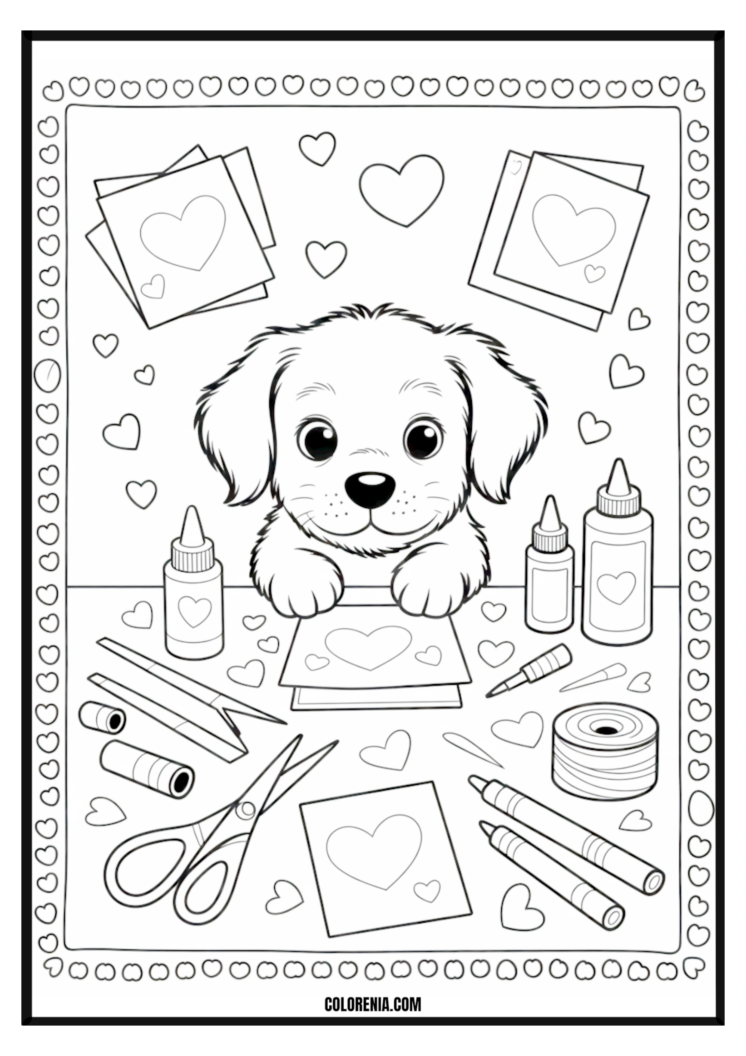 Printable Cute Puppy Crafts with Hearts Coloring Page Cute puppy making heart crafts, creative and loving scene.