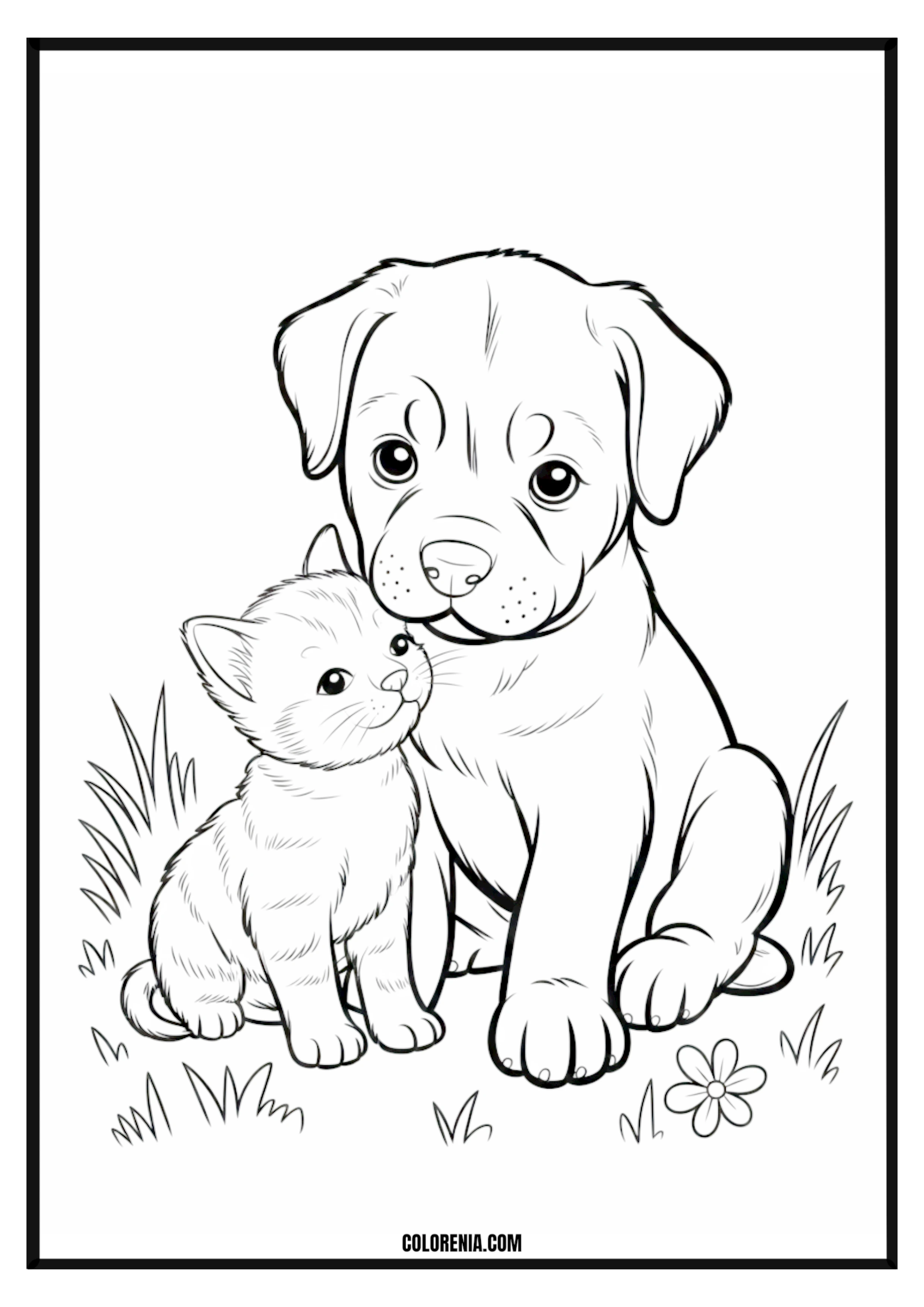Printable Cute Puppy and Kitten Friends Coloring Page Cute puppy and kitten cuddling together, adorable animal friendship scene.