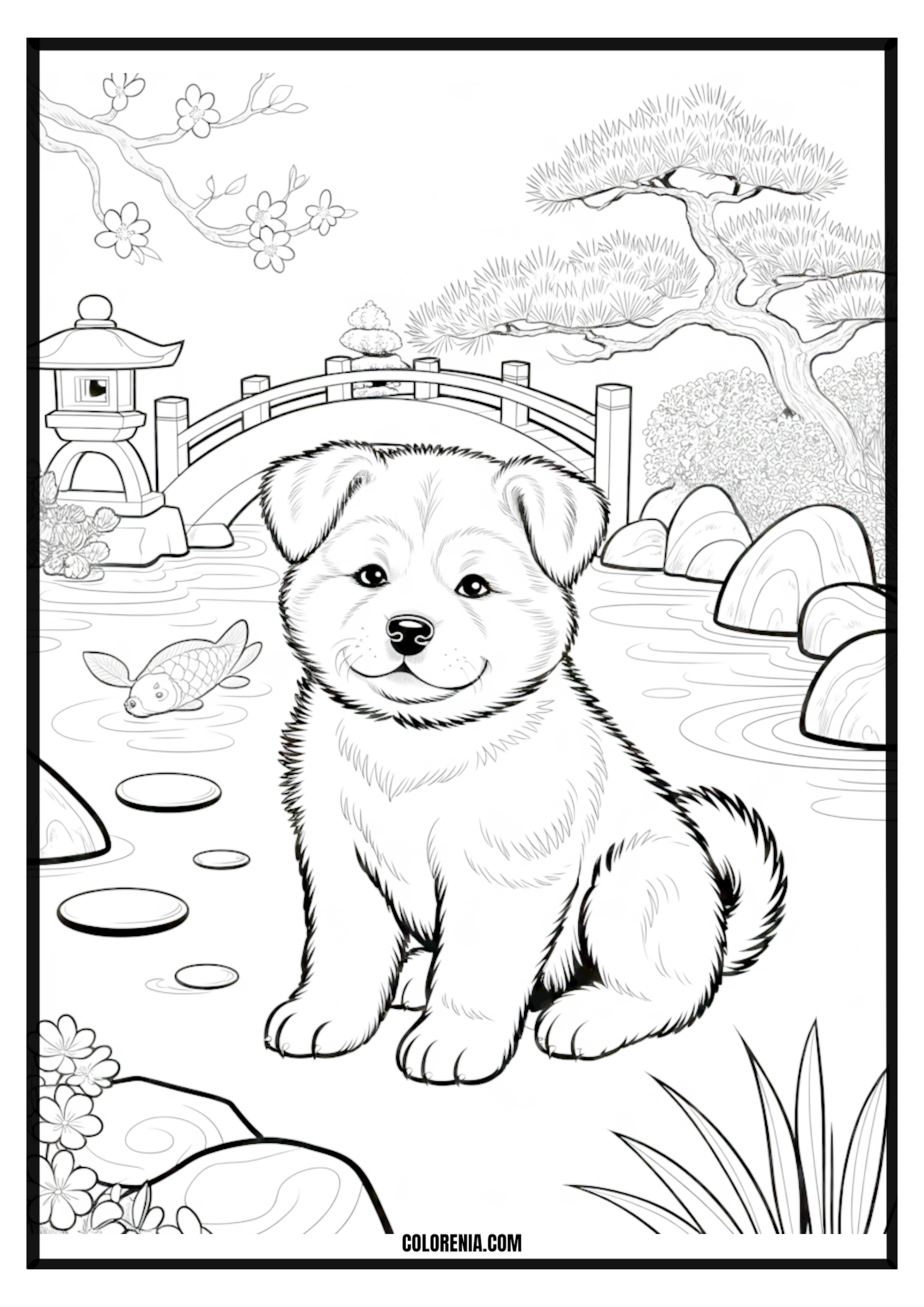 Printable Cute Puppy and Koi in Japanese Garden Coloring Page Cute puppy observing Koi fish in a serene Japanese garden.