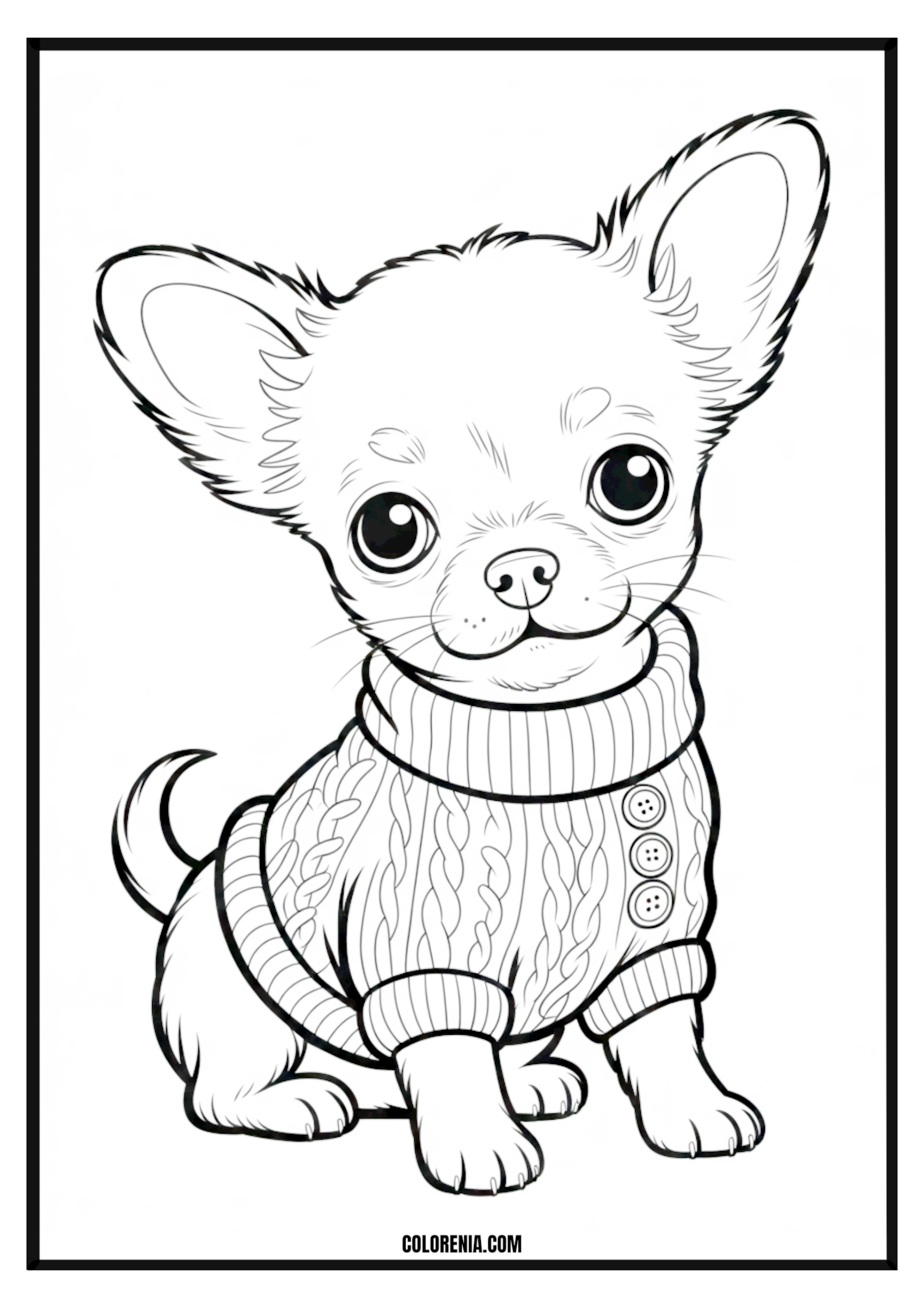 Printable Cute Puppy in Knit Sweater Coloring Page Cute puppy wearing a cozy knit sweater, fashionable pet coloring page.