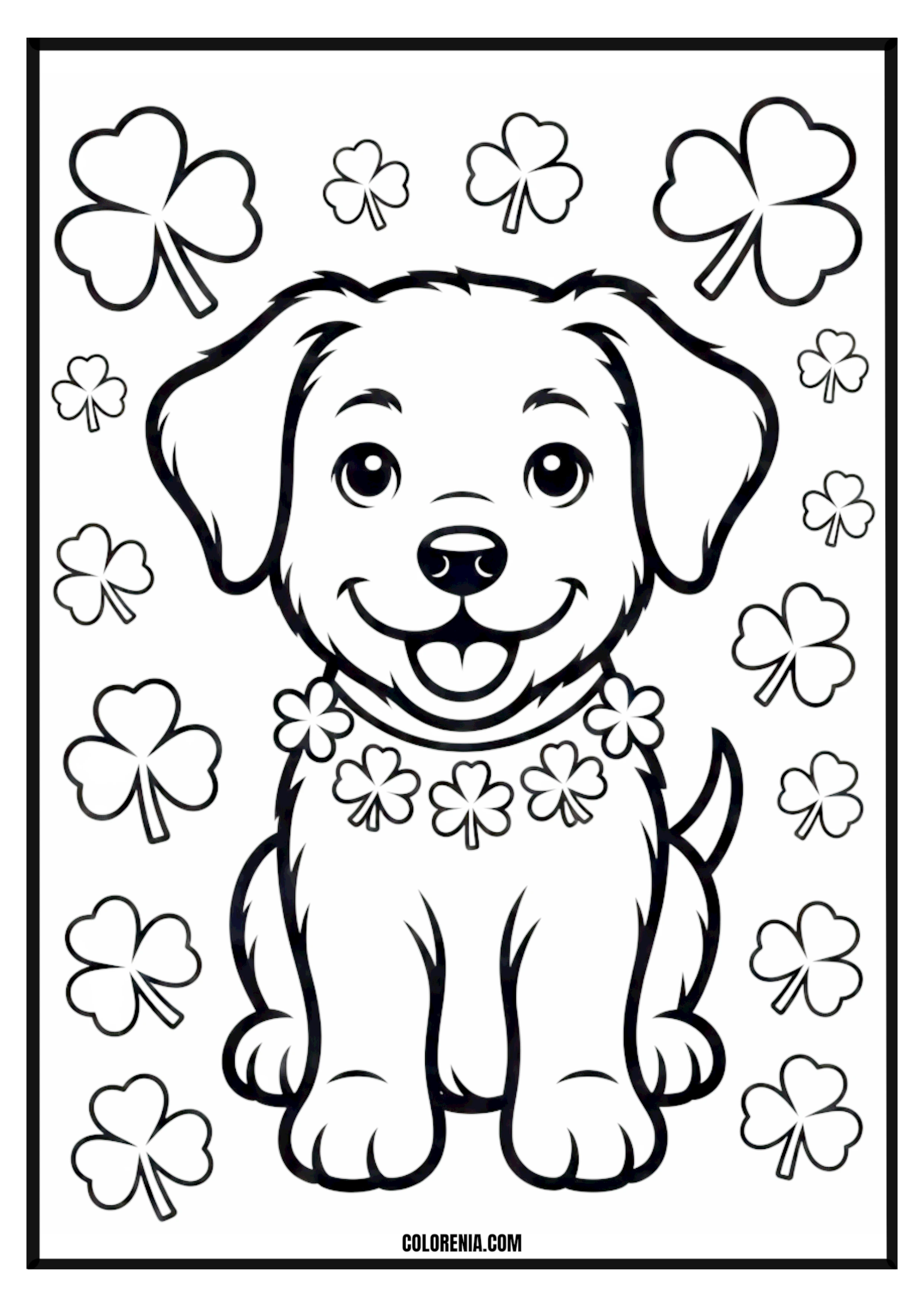 Printable Cute Puppy with Shamrocks Coloring Page Cute puppy surrounded by shamrocks, St. Patrick's Day theme.