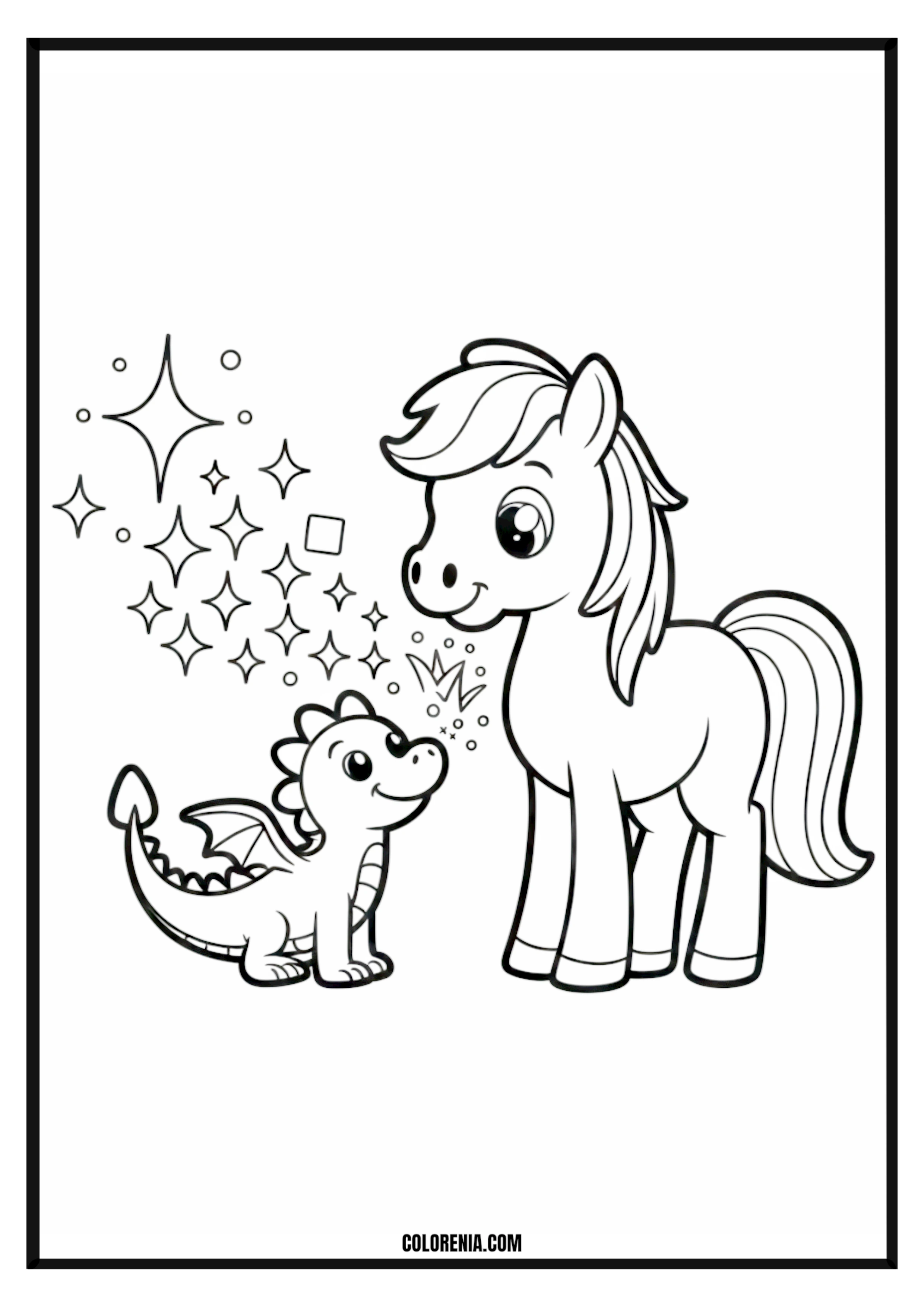Cute Baby Dragon and Pony Magic Coloring Page Cute baby dragon and pony in a magical scene coloring page.