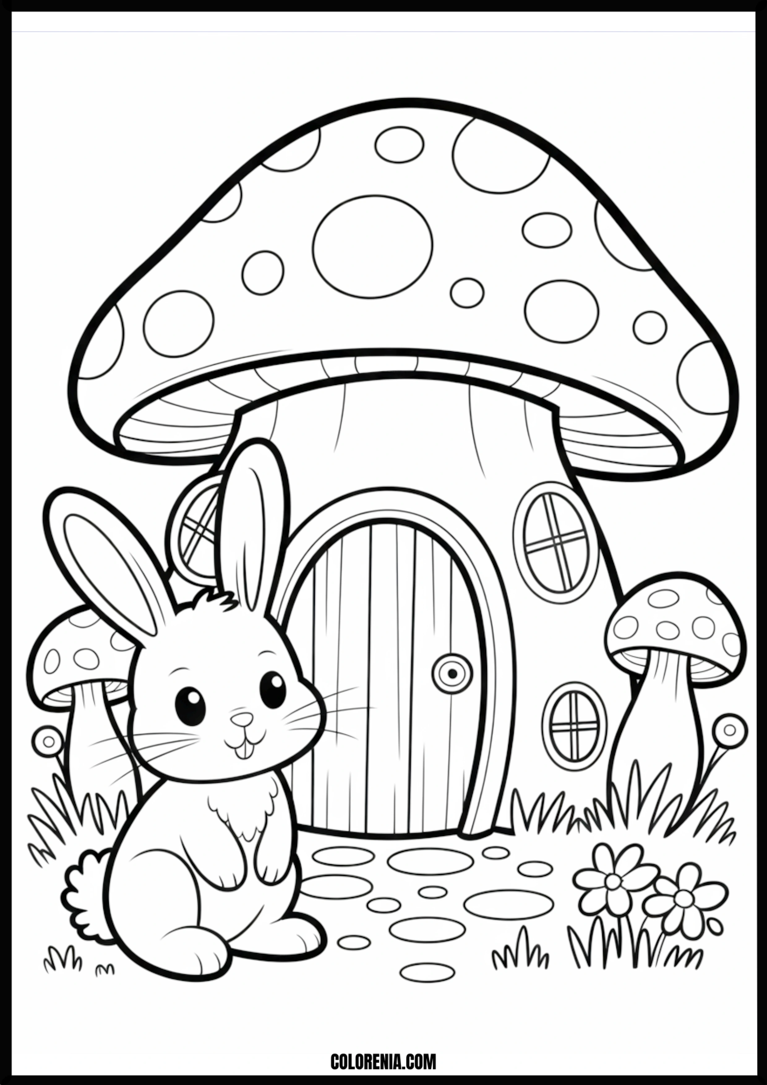 Cute Bunny And Mushroom House Printable Coloring Page Coloring page of cute bunny and mushroom house