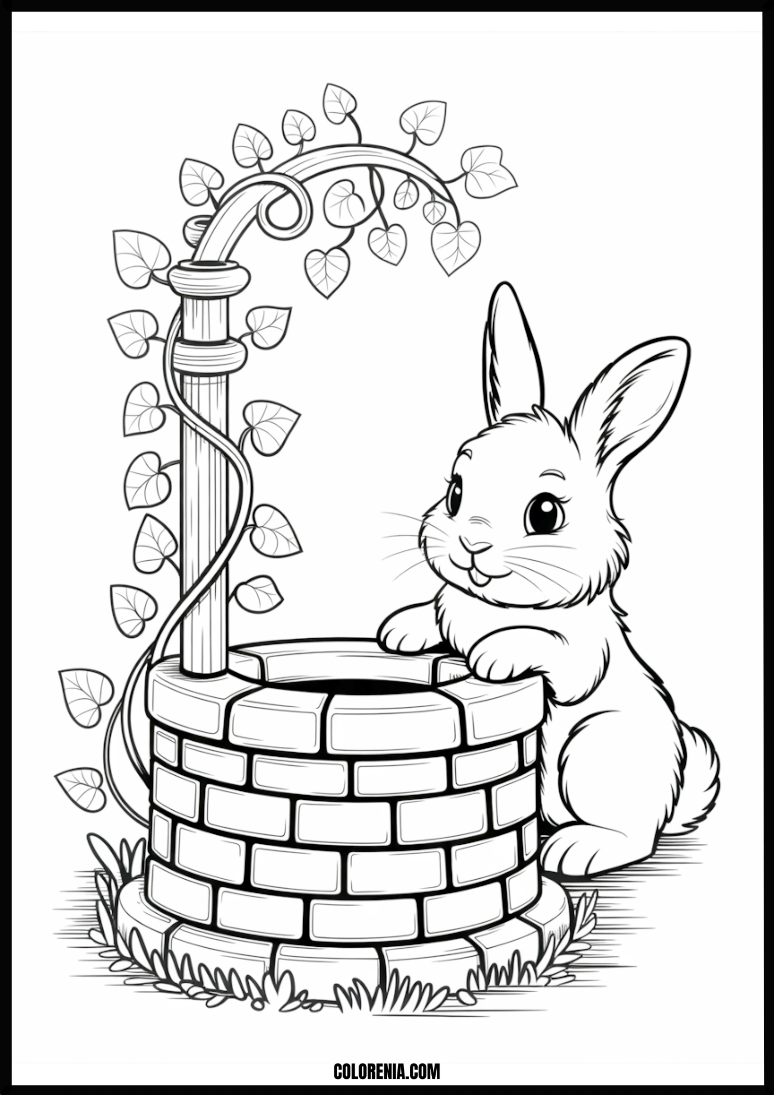 Cute Bunny And Wishing Well Printable Coloring Page Coloring page of cute bunny and wishing well