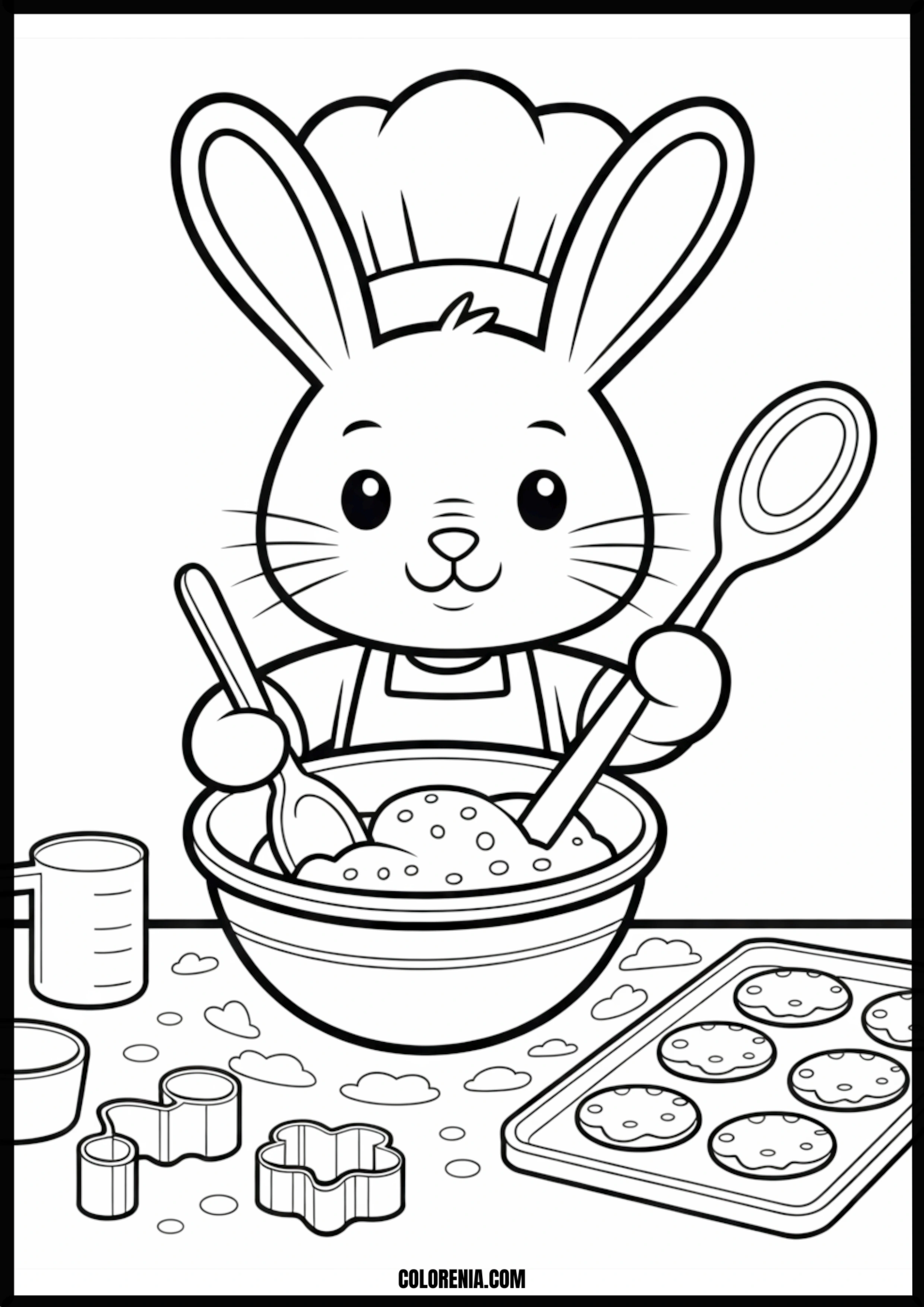 Cute Bunny Chef Baking Cookies Printable Coloring Page Coloring page of cute bunny chef baking cookies