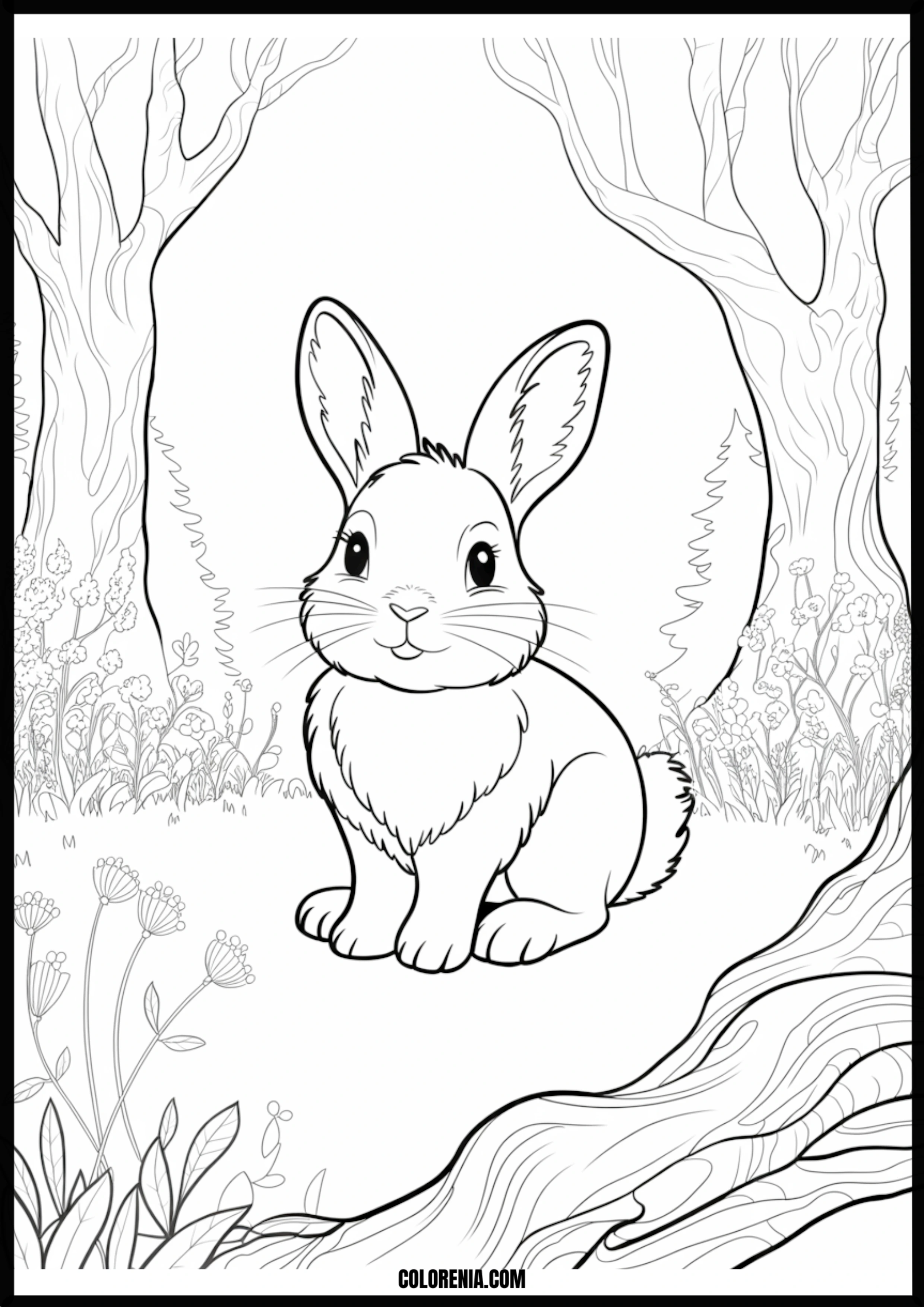 Cute Bunny In Forest Printable Coloring Page Coloring page of cute bunny in forest