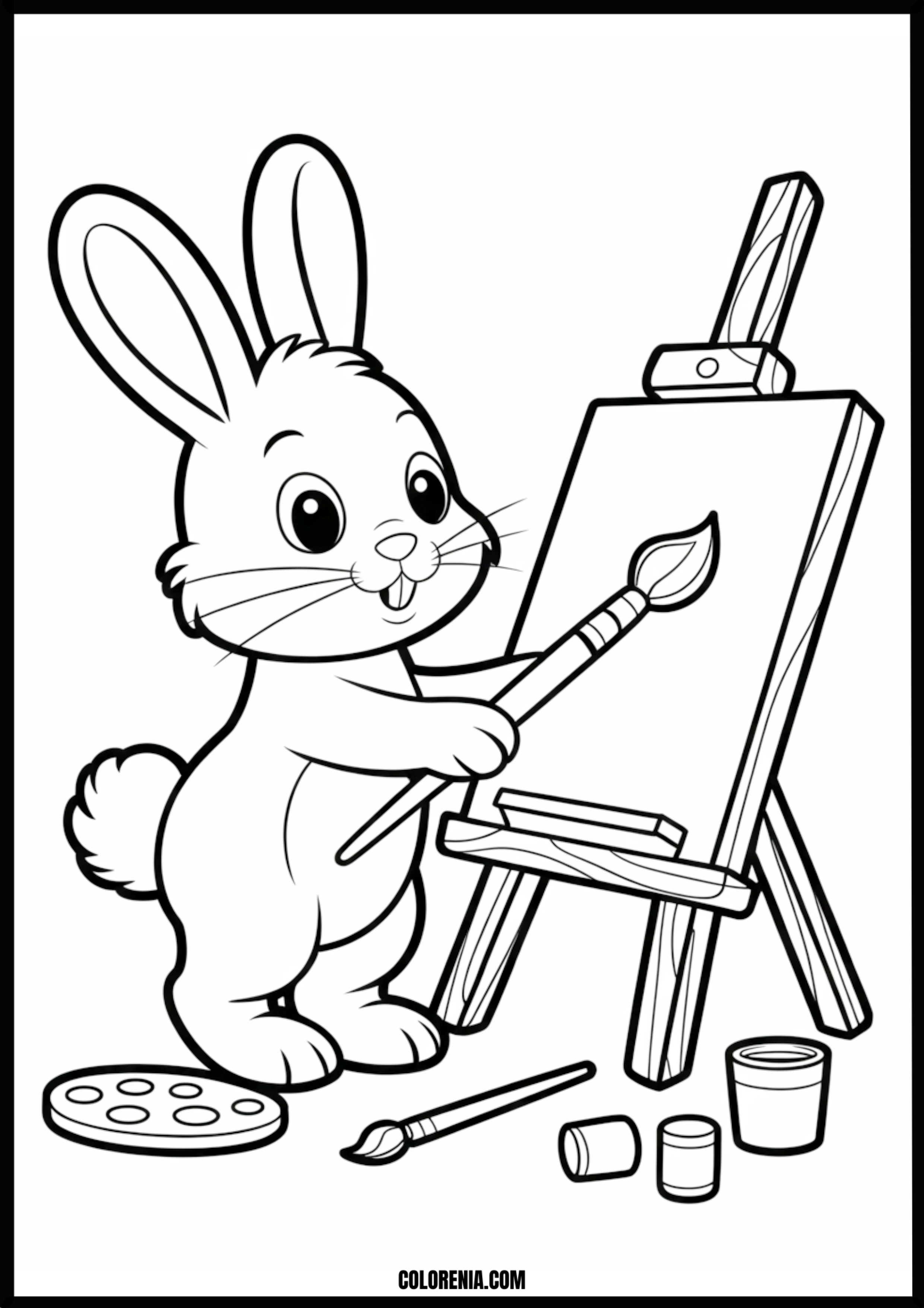 Cute Bunny Painting On Easel Printable Coloring Page Coloring page of cute bunny painting on easel