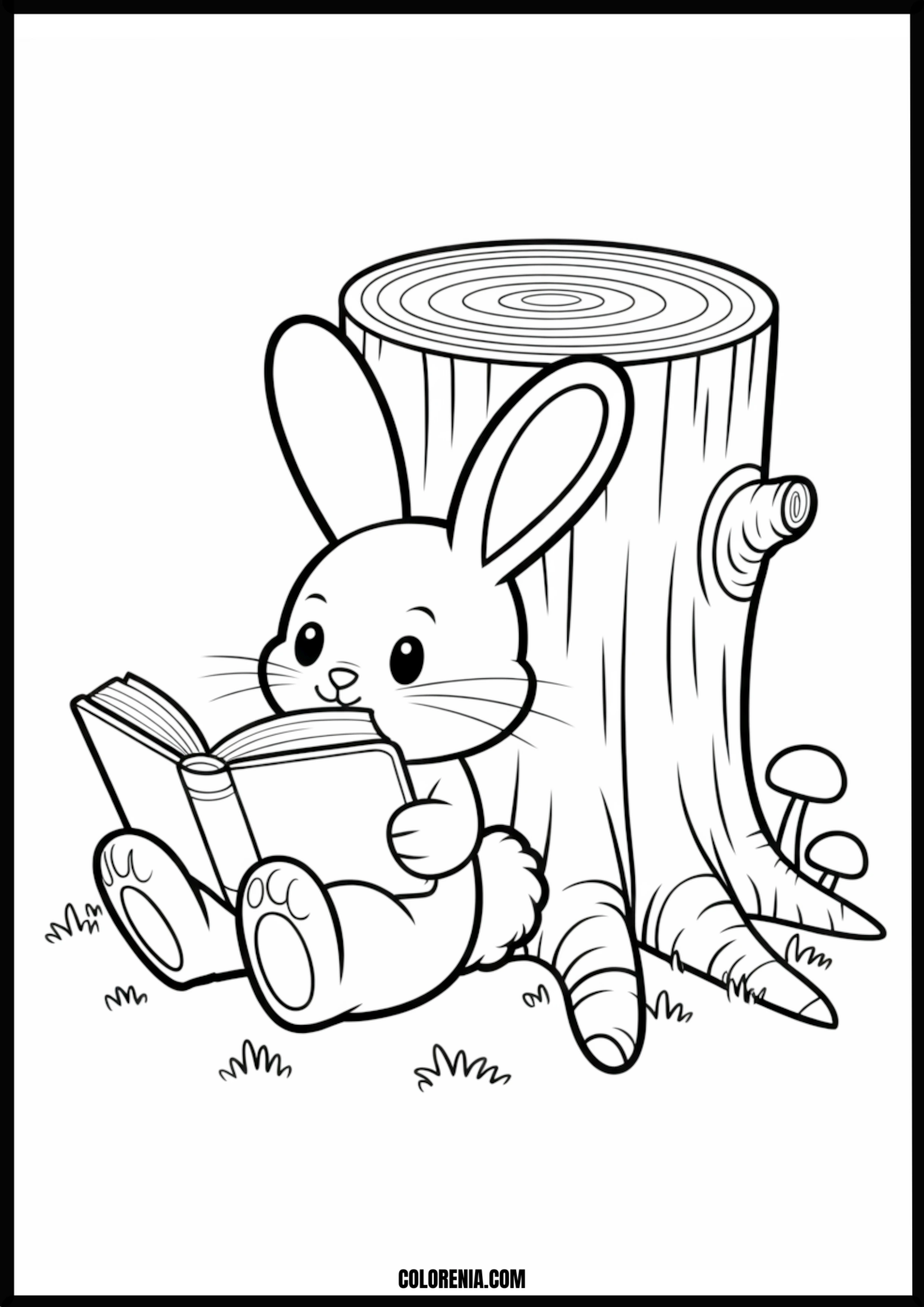 Cute Bunny Reading Book By Tree Stump Printable Coloring Page Coloring page of cute bunny reading book by tree stump