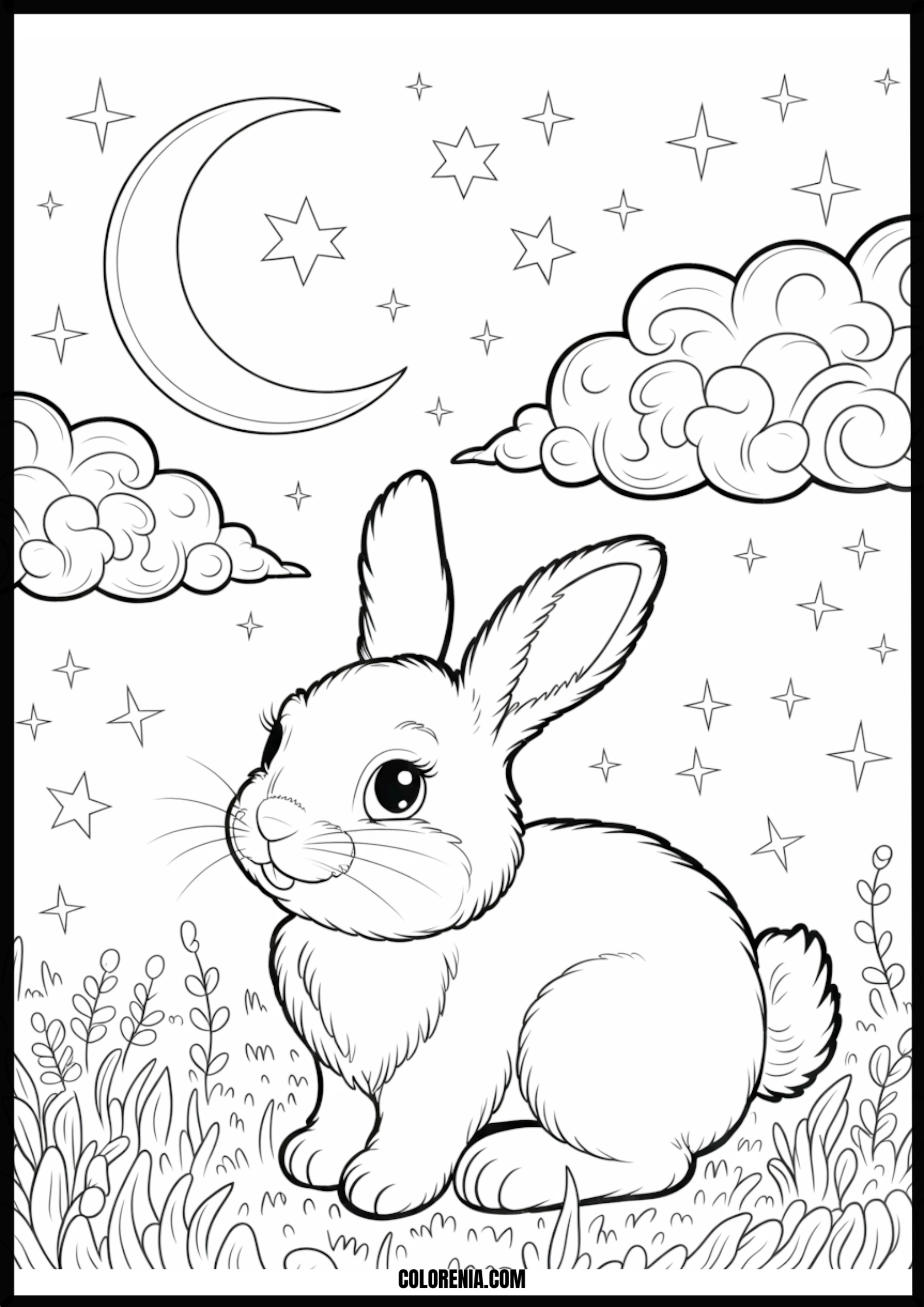 Cute Bunny Under Moon And Stars Printable Coloring Page Coloring page of cute bunny under moon and stars