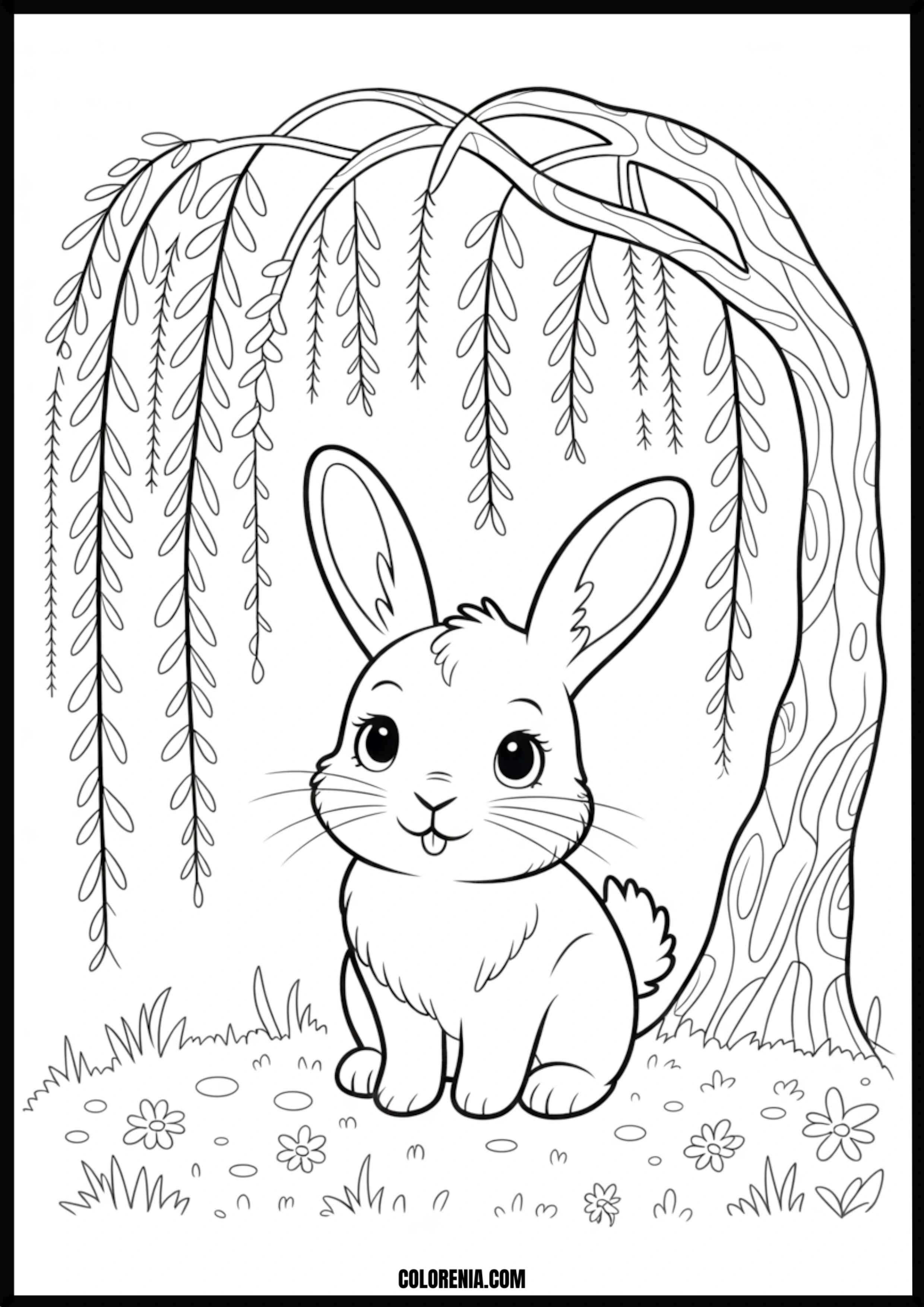 Cute Bunny Under Weeping Willow Printable Coloring Page Coloring page of cute bunny under weeping willow