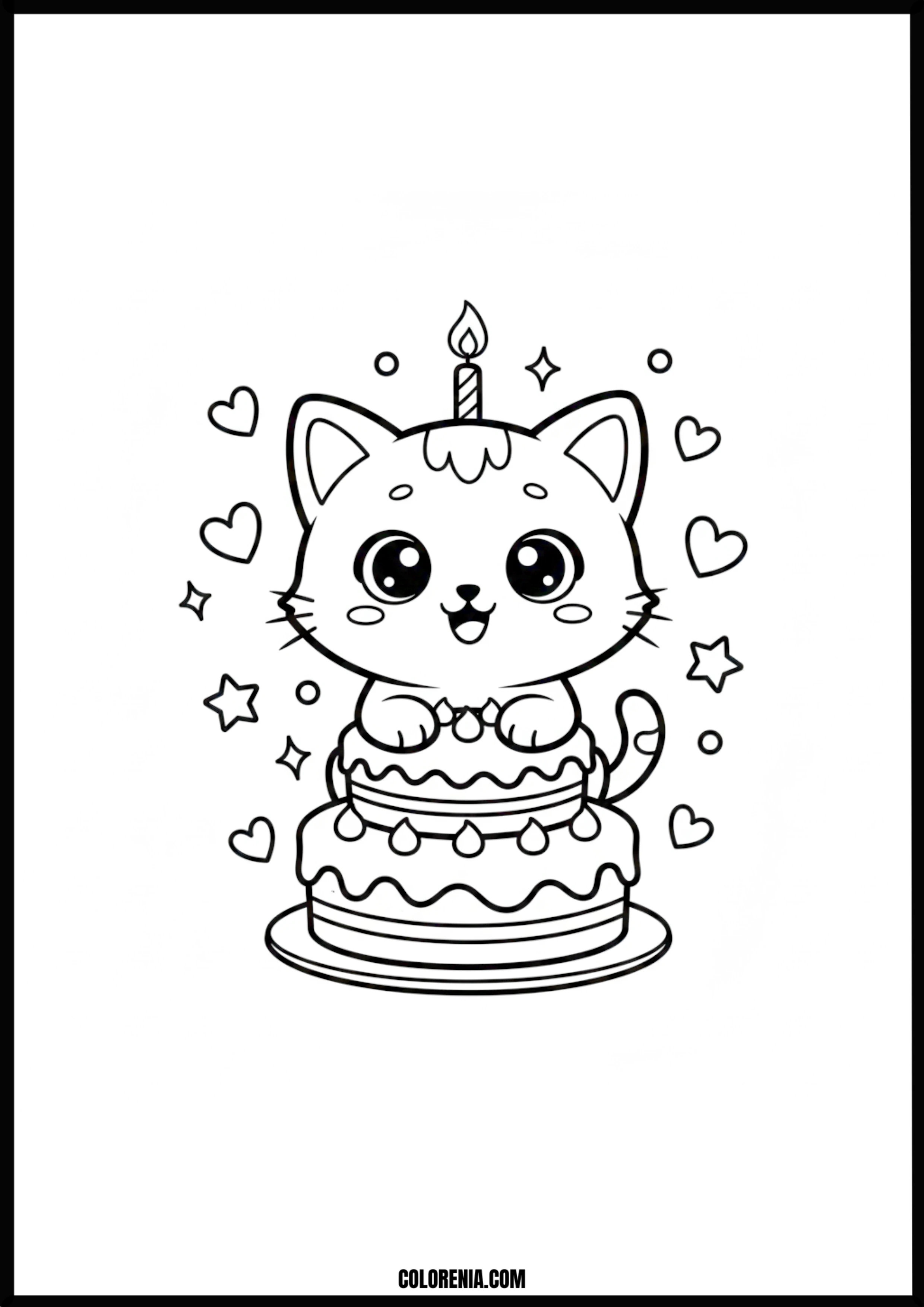 Cute Cat Birthday Cake Coloring Page