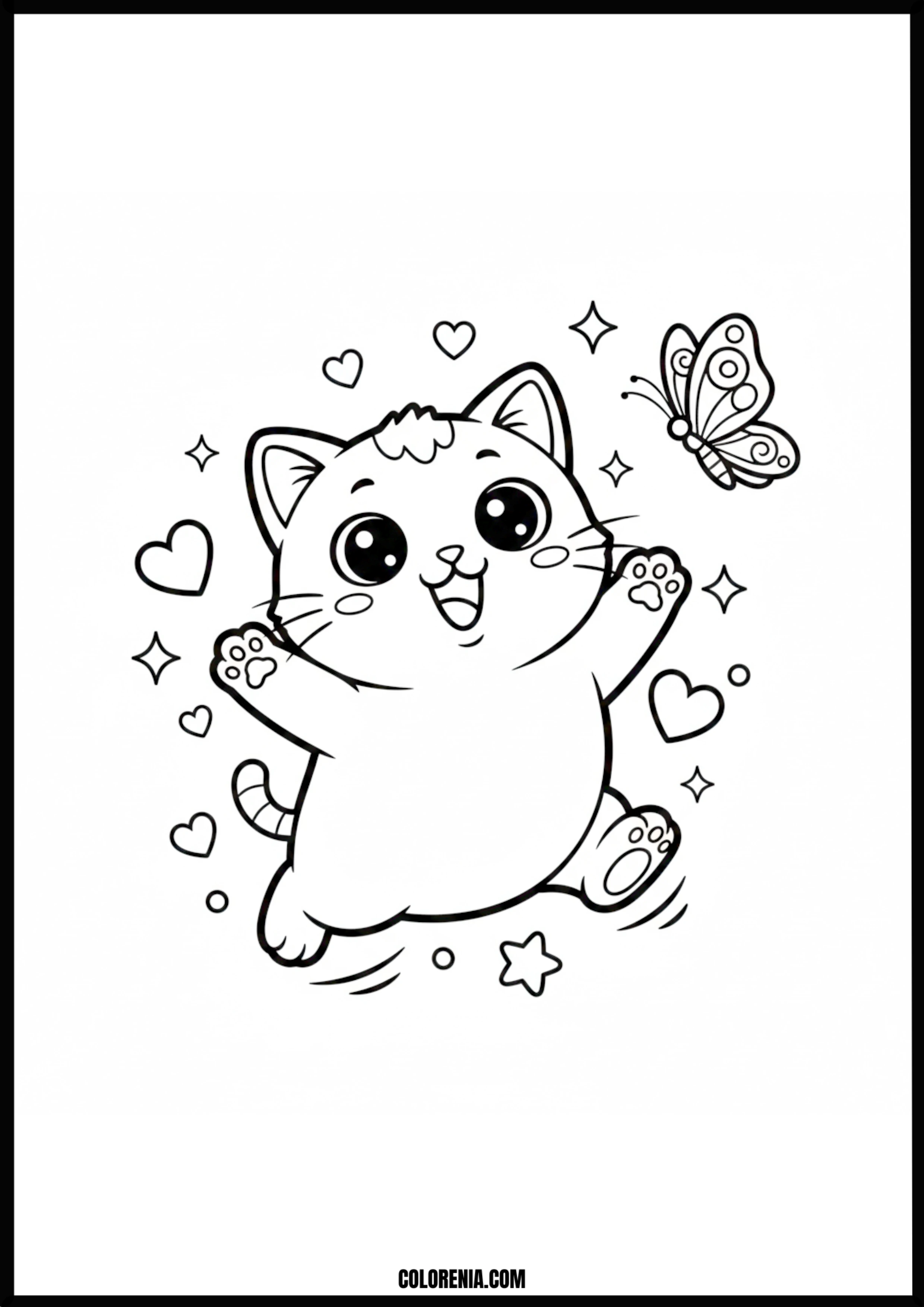 Cute Cat Butterfly Hearts Coloring Page