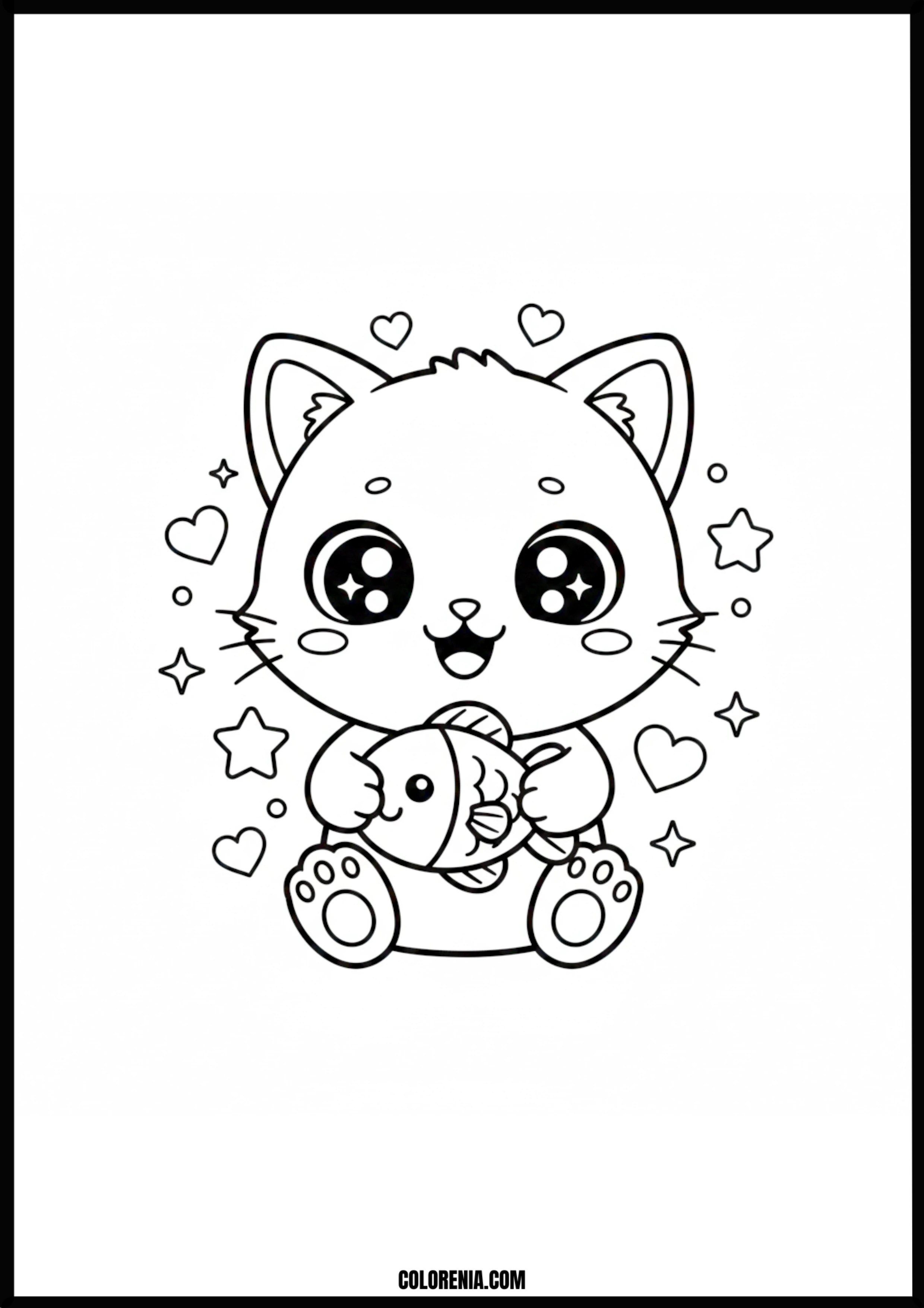 Cute Cat Holding Fish Coloring Page