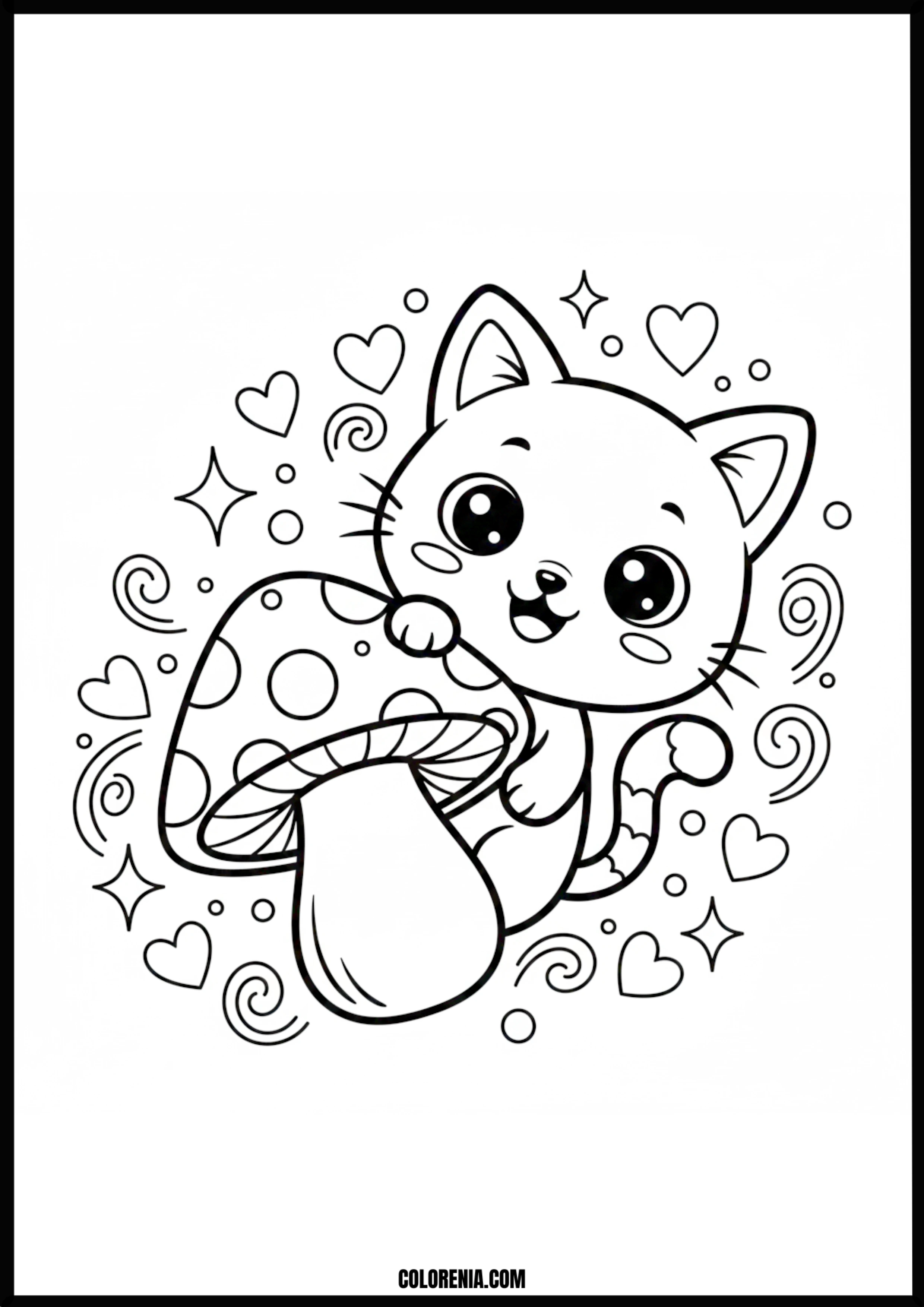 Cute Cat Holding Mushroom Coloring Page