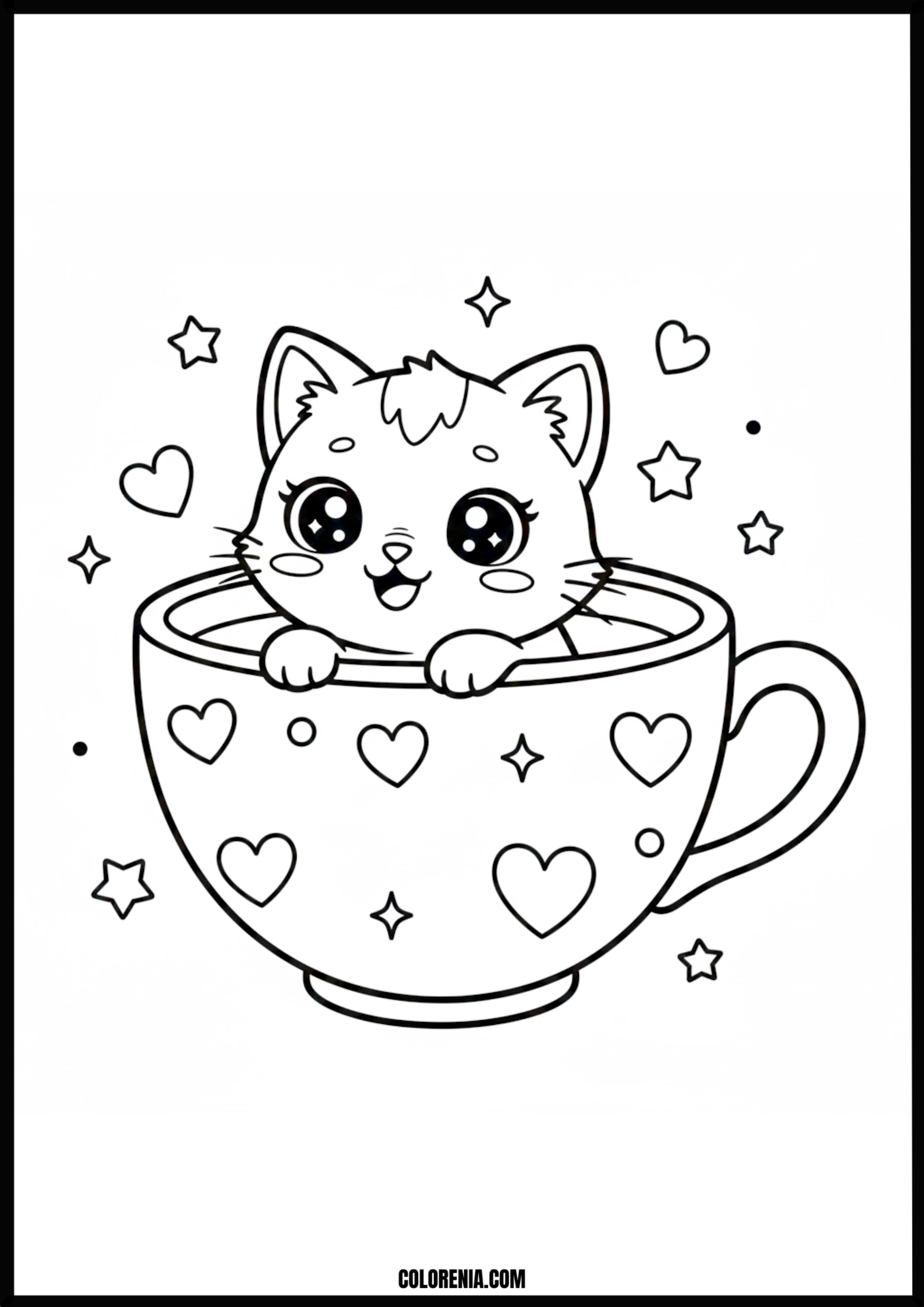 Cute Cat In Teacup Coloring Page