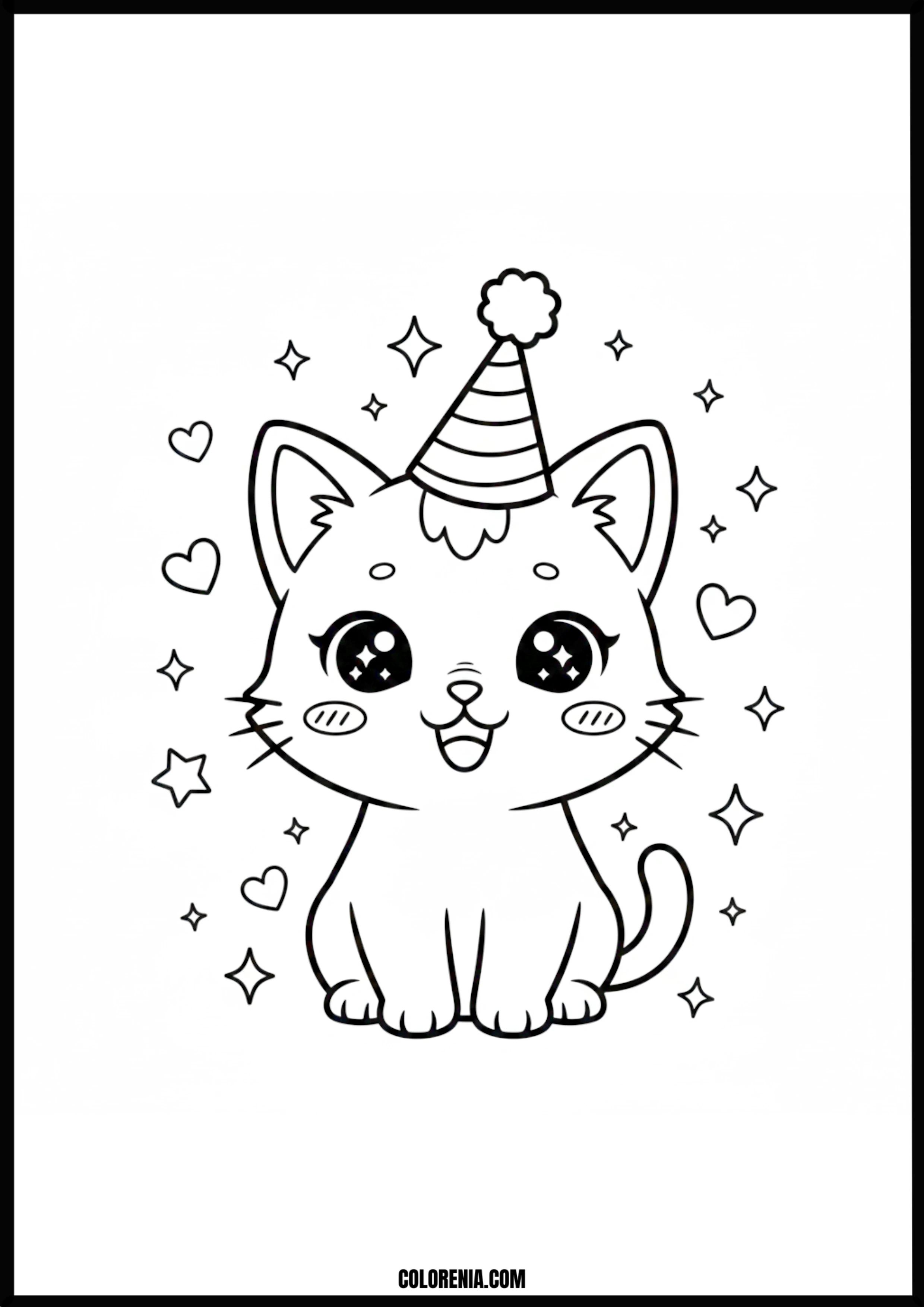 Cute Cat Wearing A Party Hat Coloring Page