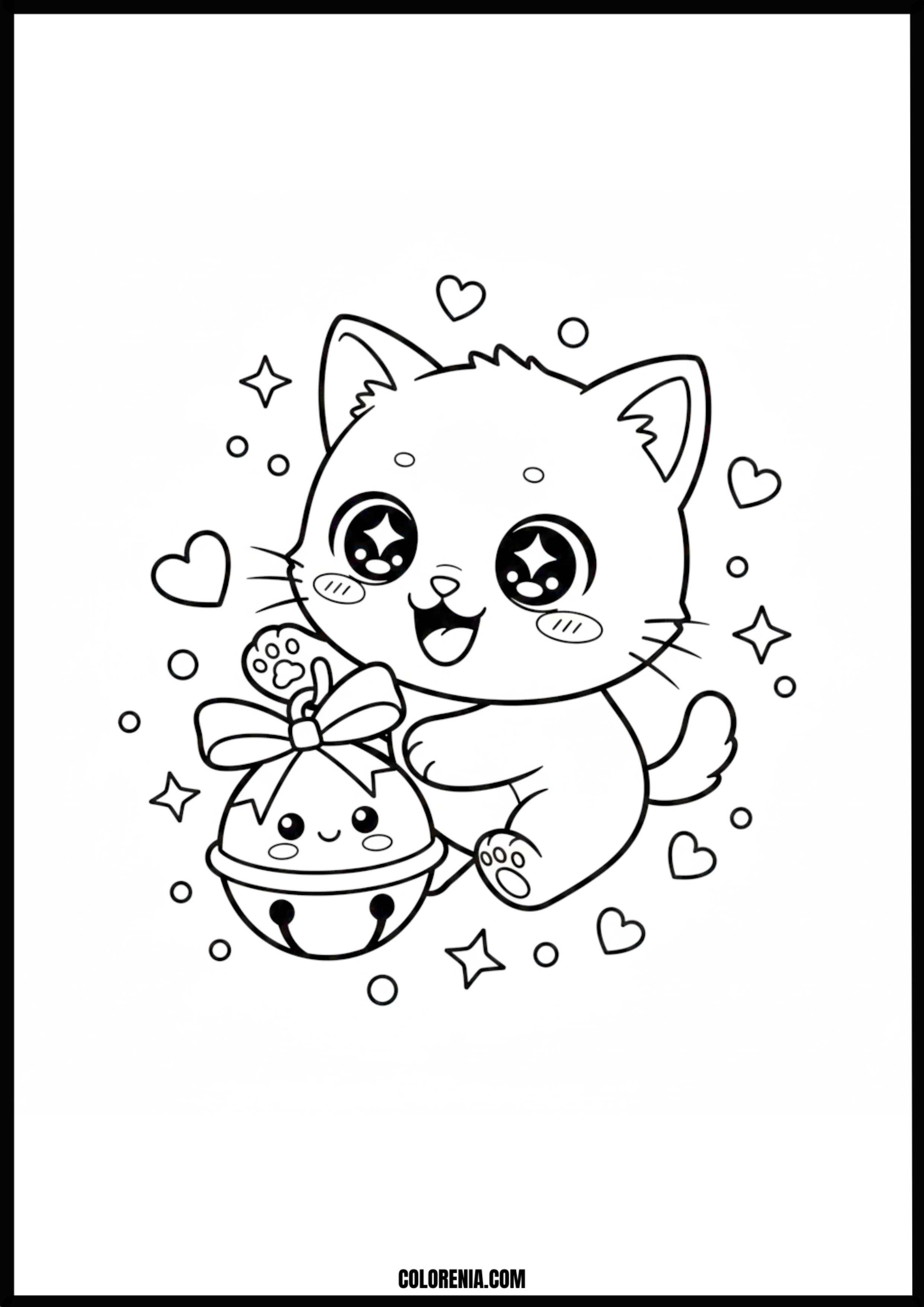 Cute Cat With Happy Bell Coloring Page
