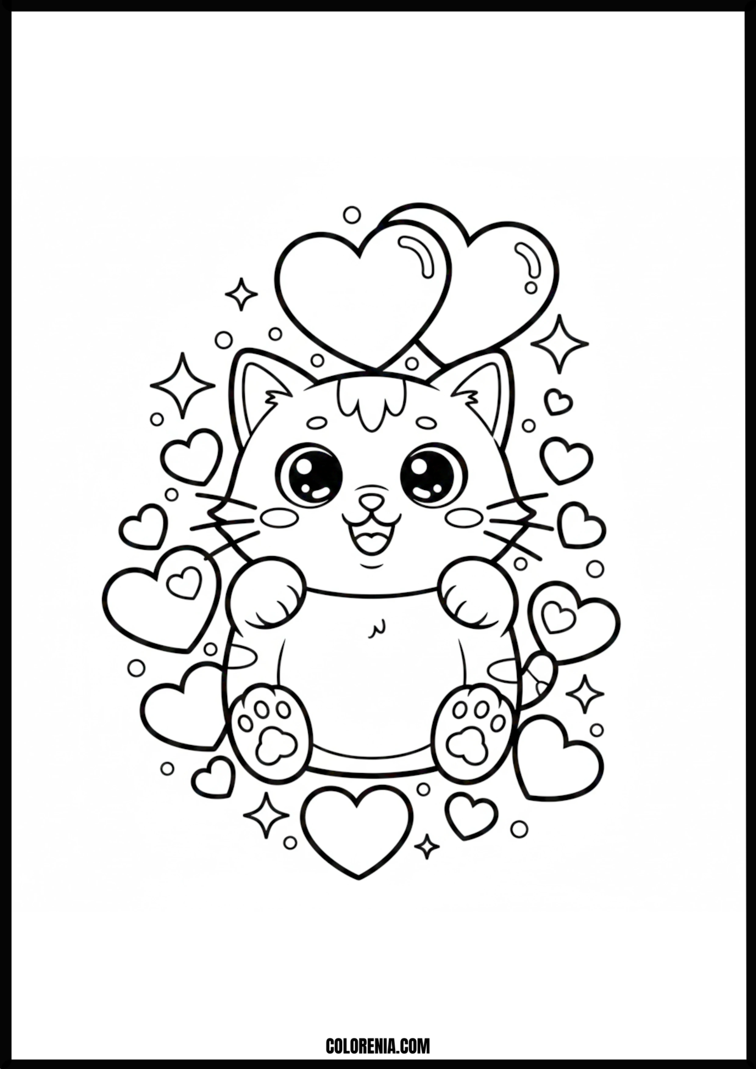 Cute Cat With Hearts And Stars Coloring Page