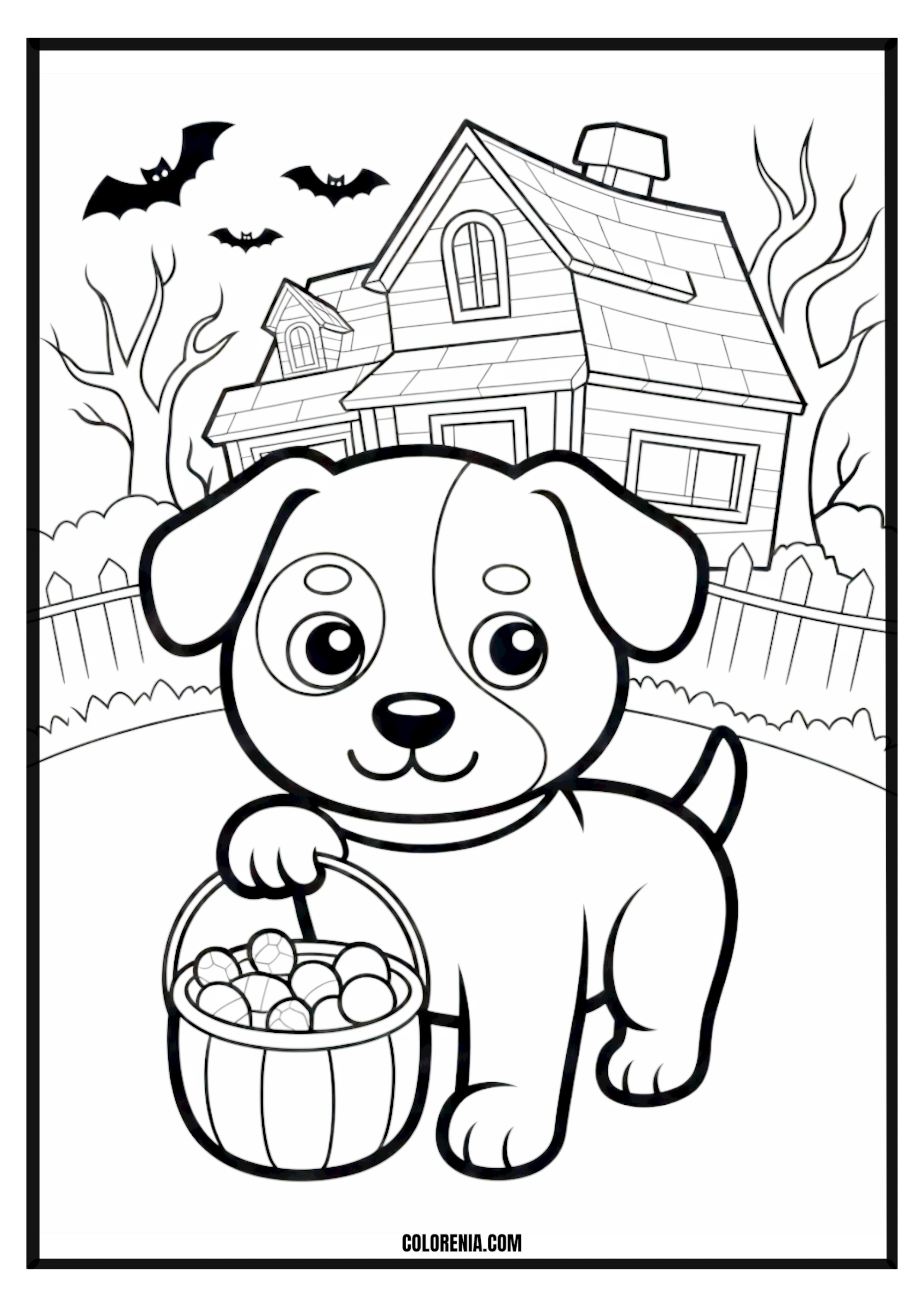 Printable Cute Dog with Halloween Basket and Bats Coloring Page Cute dog holding a Halloween basket with bats flying around, spooky fun.