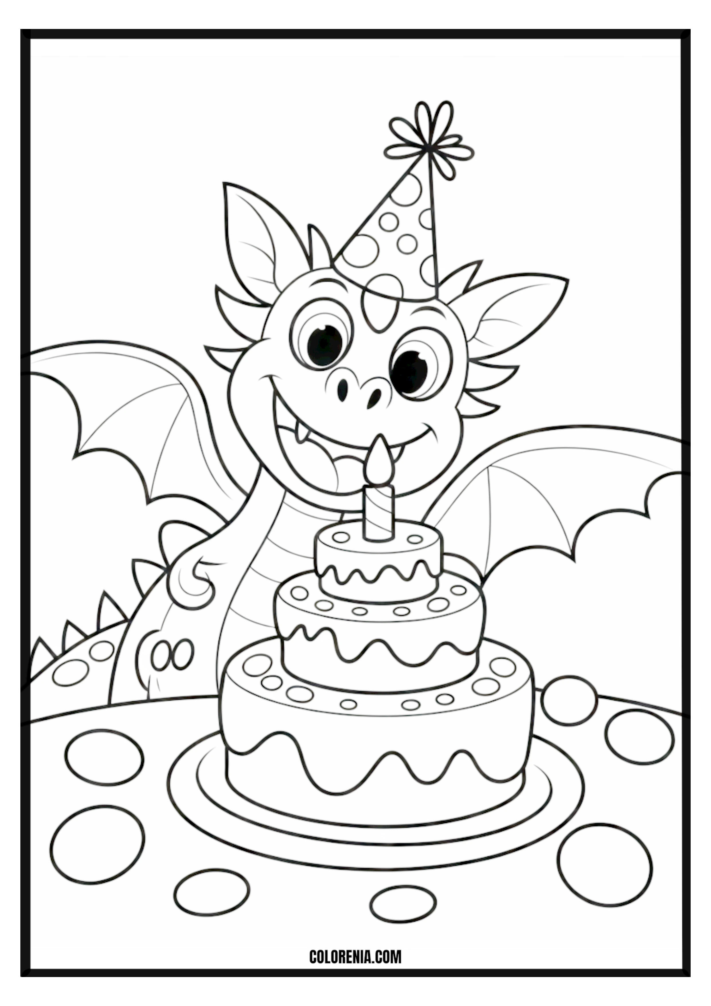 Cute dragon birthday cake coloring page