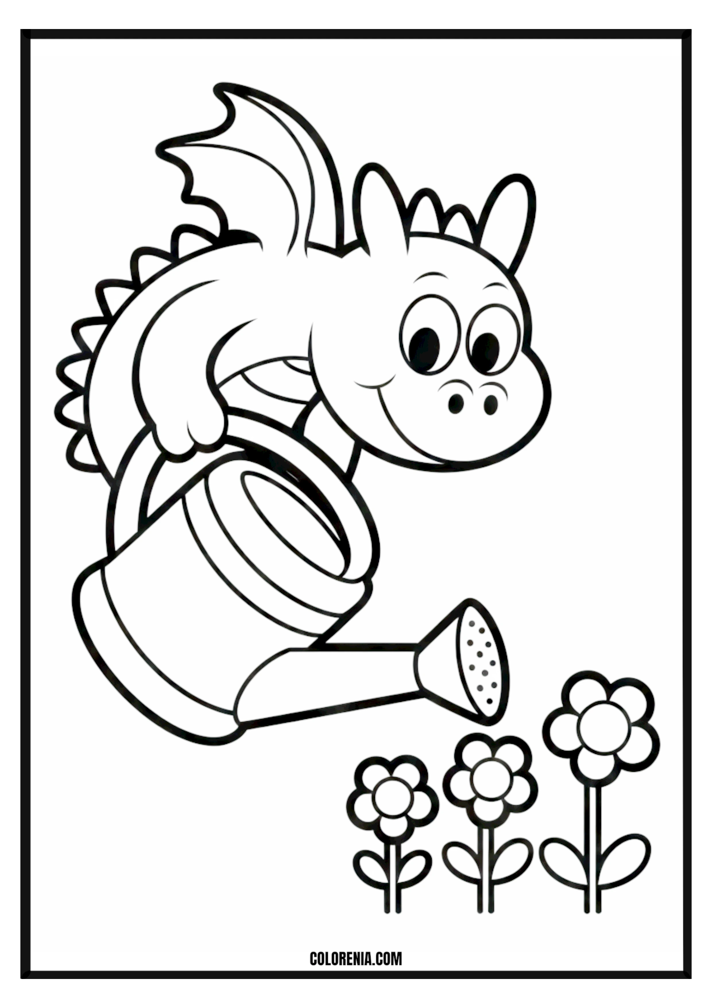 Cute dragon watering flowers coloring page