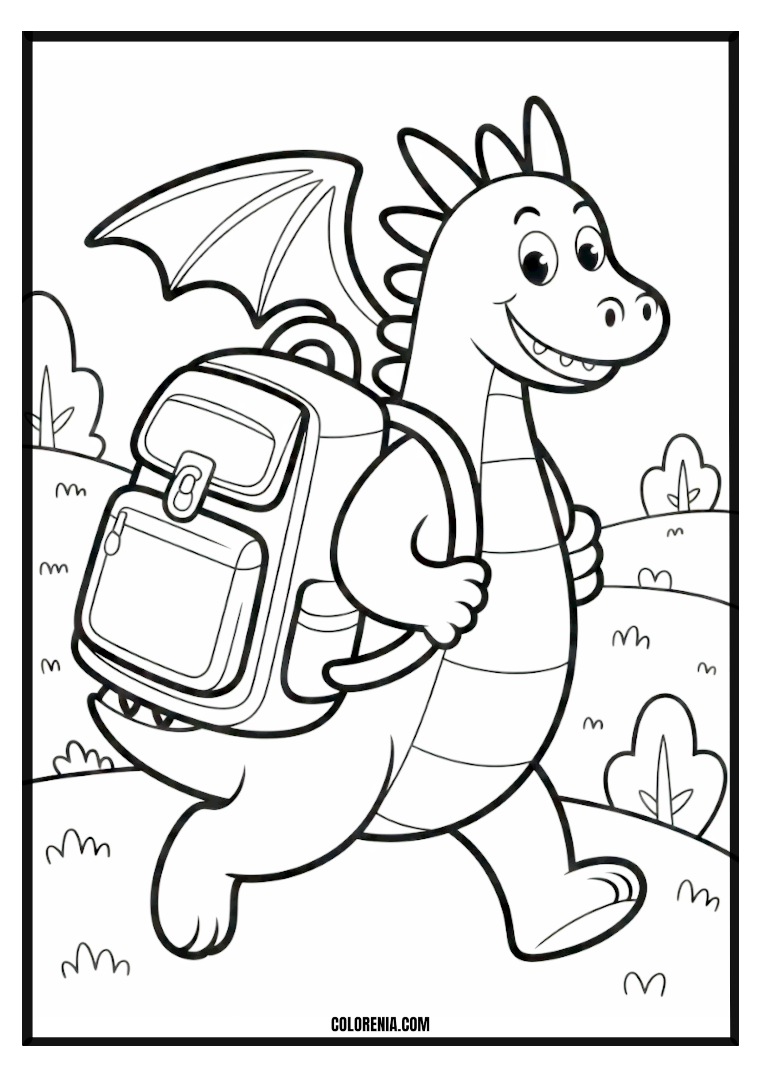 Cute dragon with backpack coloring page